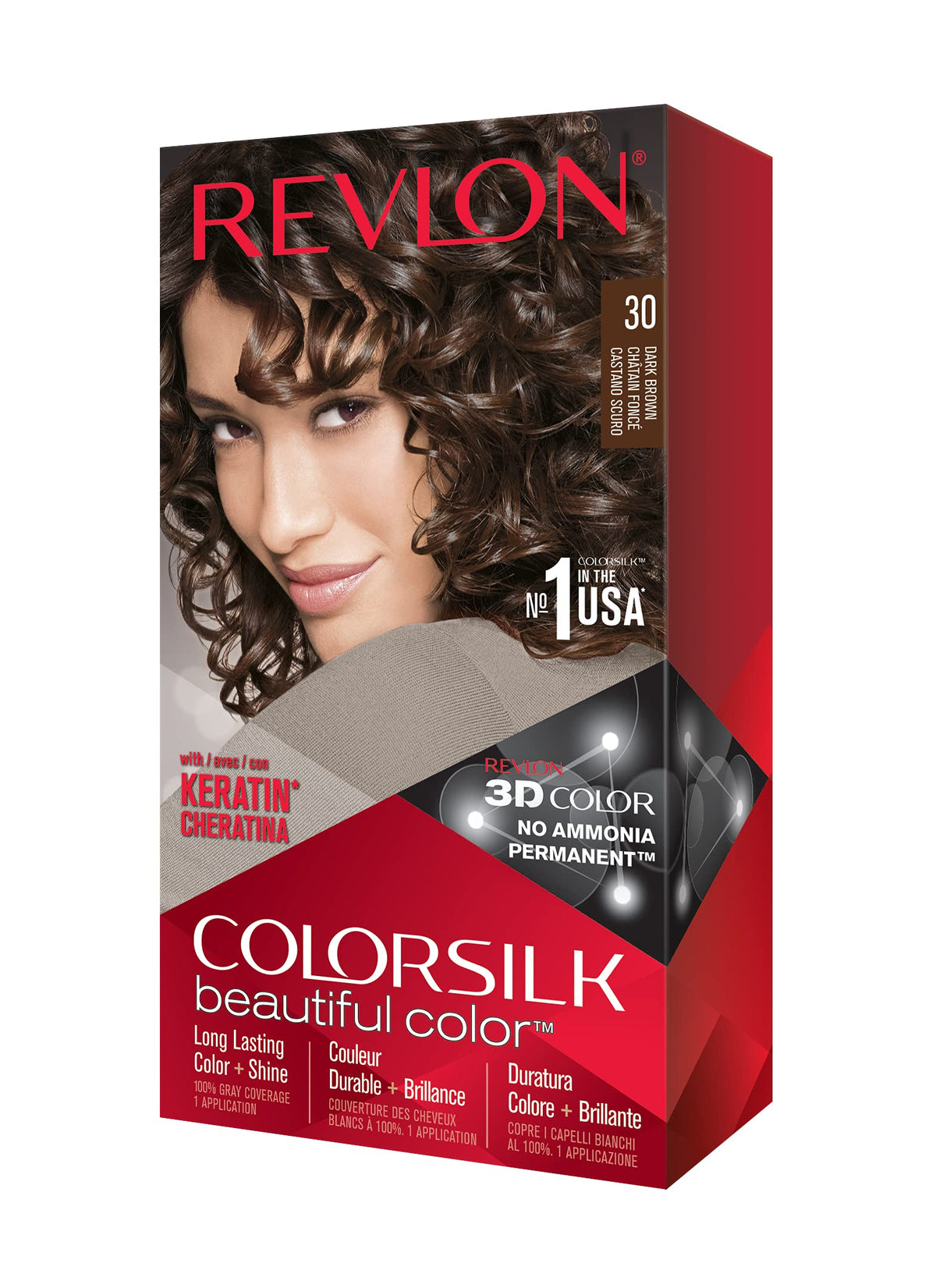 Brown Revlon Colorsilk Beautiful Color, Permanent Hair Dye with Keratin, 100% Gray Coverage, Ammonia Free, 30 Dark Brown