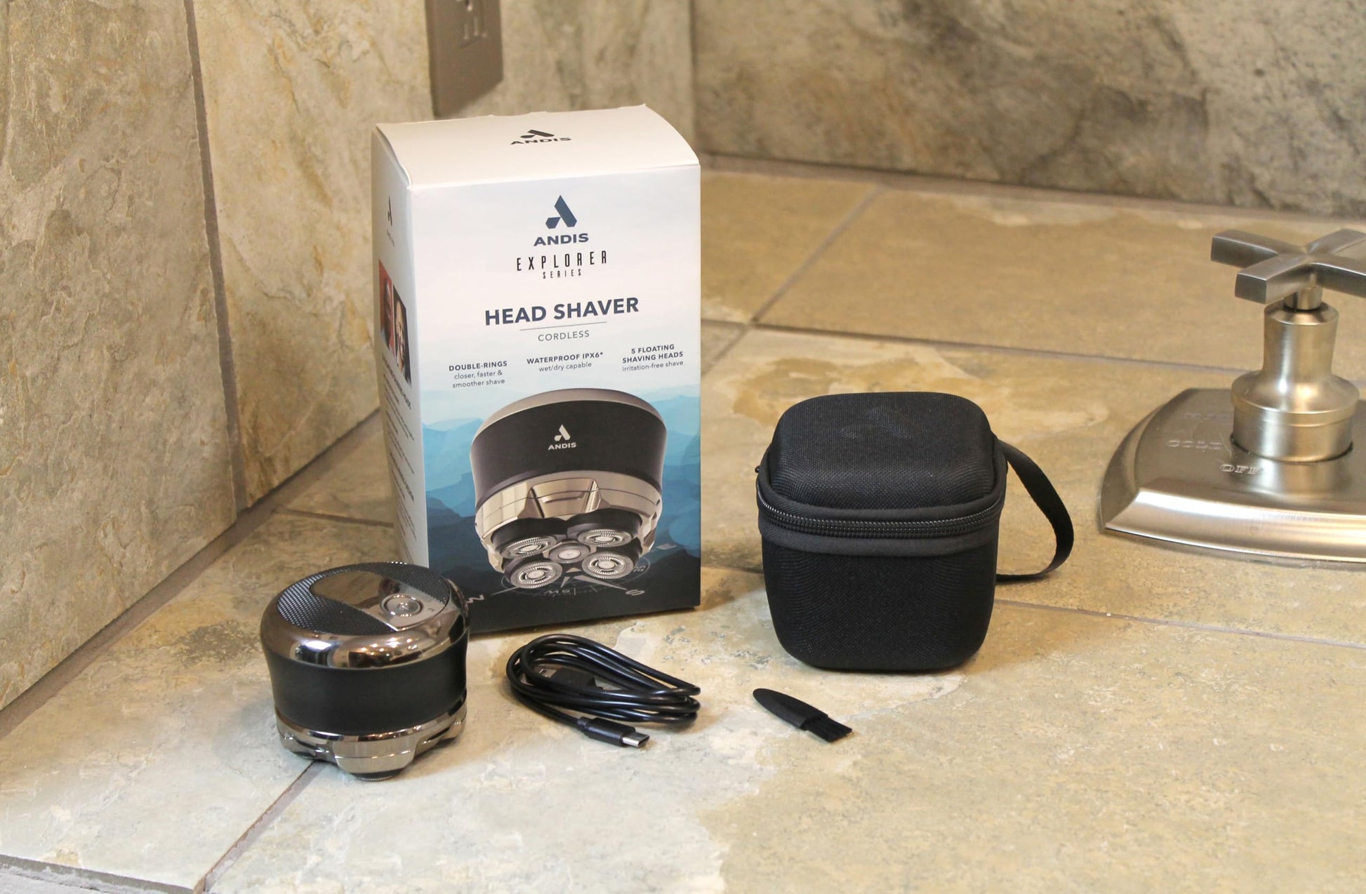 Tan Andis 562927 Head Shaver for Skull, Waterproof Wet/Dry Rotary Shaver, 5 Floating Shaving Head, Handheld, Black