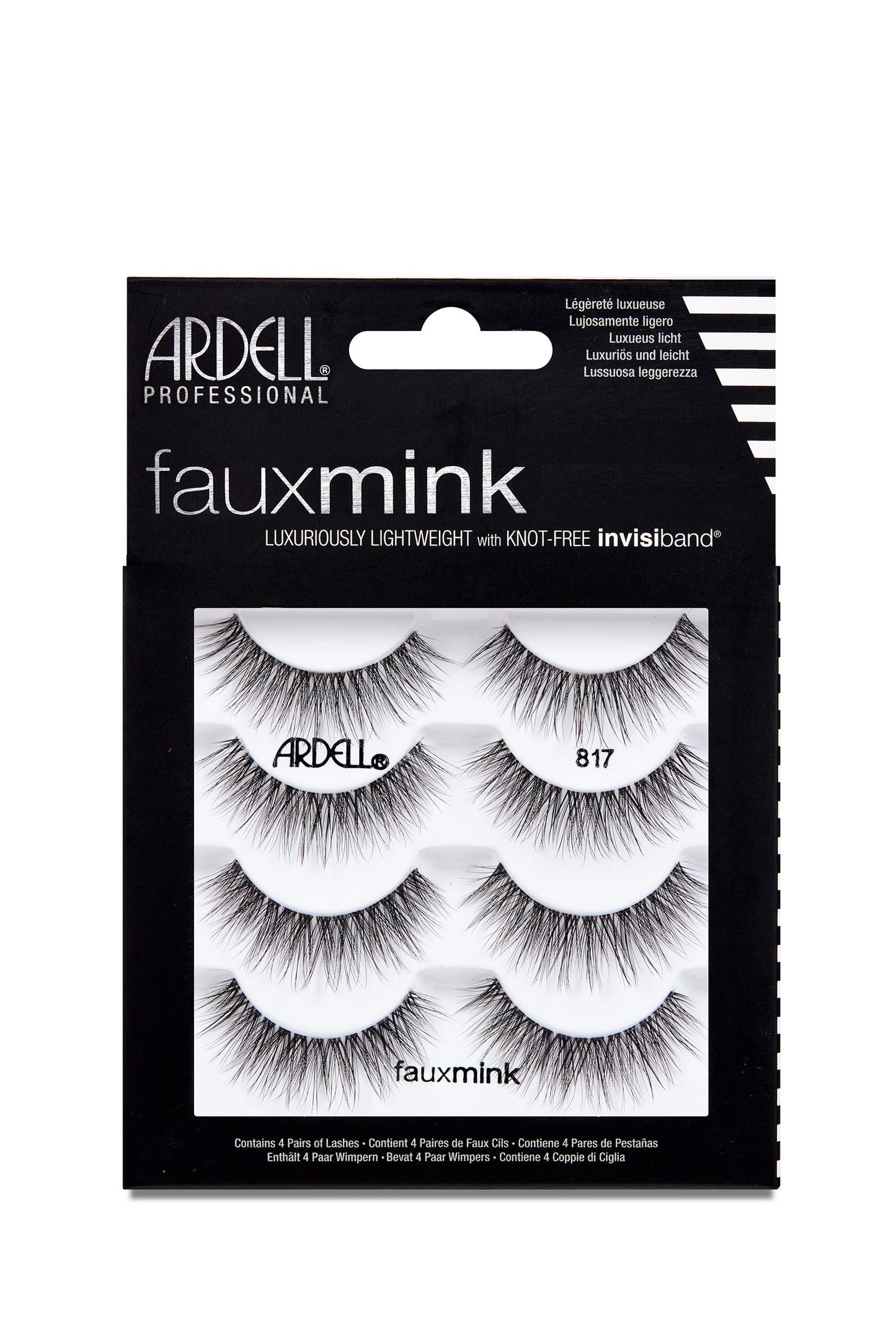Black Ardell Faux Mink Lashes 817 – Lightweight, Knot-Free Invisiband Eyelashes for Natural Glam, 4 Pairs, 1 Pack