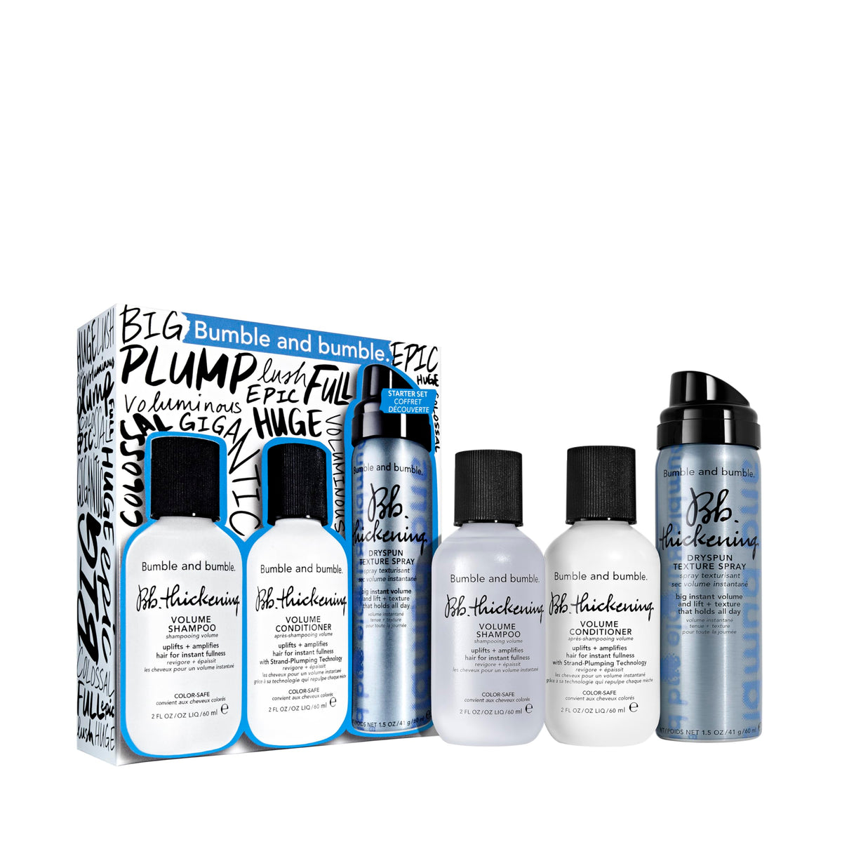 White Smoke Bumble and bumble. Thickening Travel-Size Volumizing Hair Set for Fine Hair | Shampoo, Conditioner + Dry Texture Spray | 3-Piece Set | Travel Size