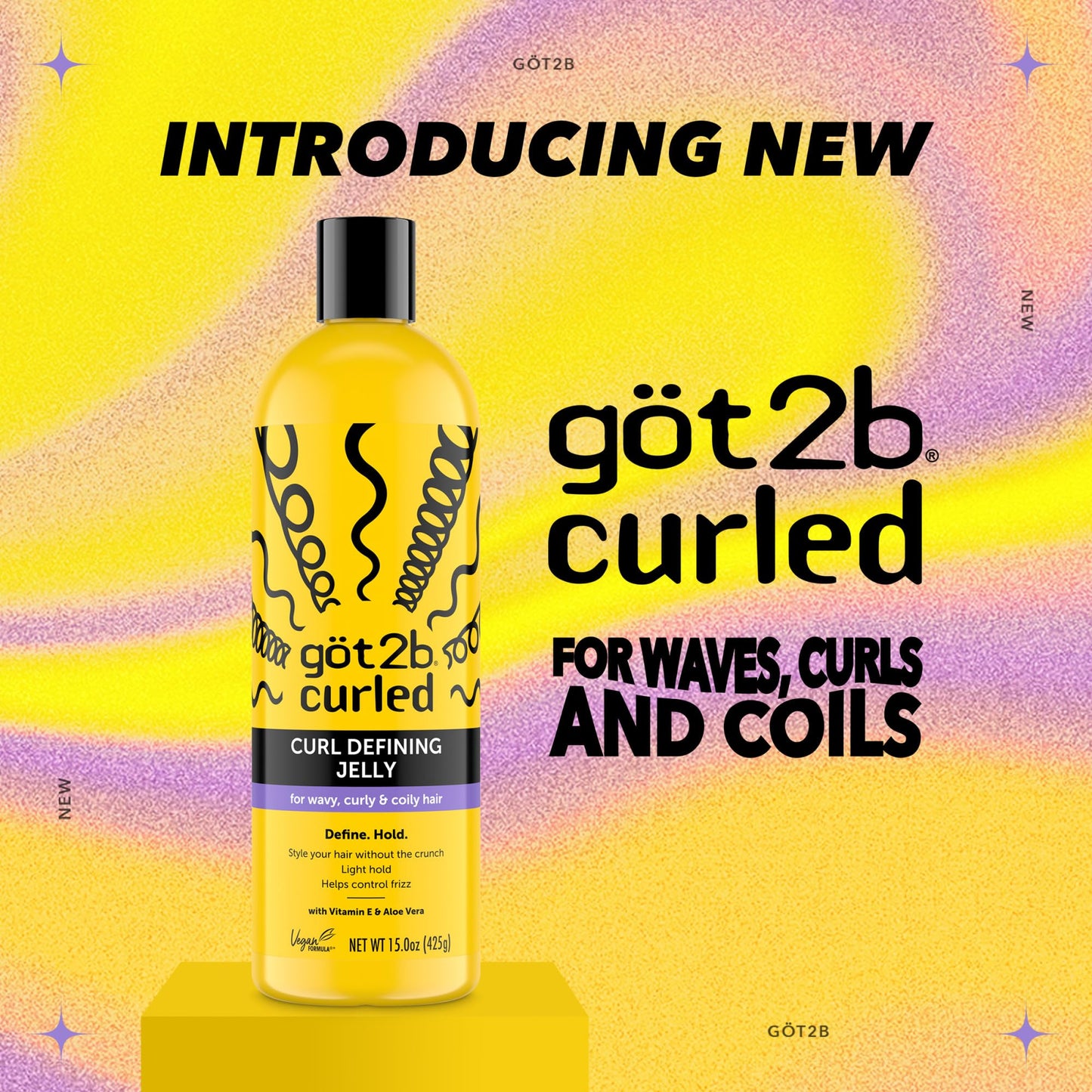 Sandy Brown Got2B Curled Curl Defining Jelly, 15 Fl Oz, Curl Gel with 72-Hour Frizz Control, Locks in Moisture for Wavy, Curly & Coily Hair, Light Hold, No Crunch Vegan Formula with Vitamin E and Argan Oil