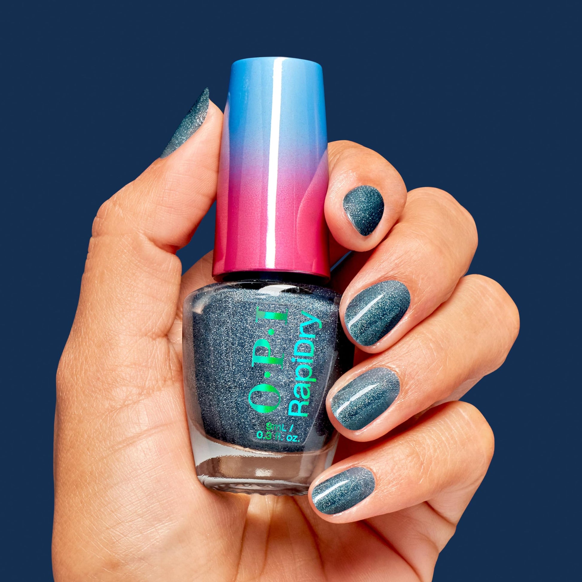 Midnight Blue OPI RapiDry All Dry n’ Mighty | Semi-sheer Dark Blue Shimmer Quick Dry Nail Polish | Vegan, Smudge Proof, Fast Drying