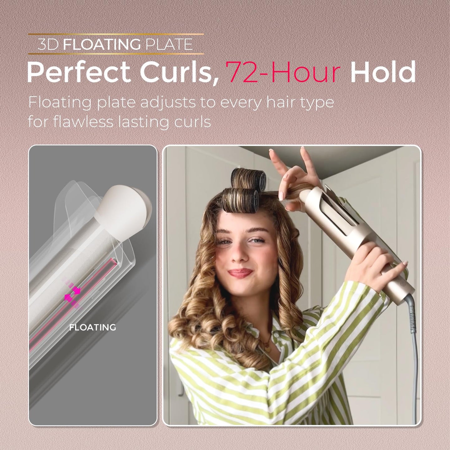 Rosy Brown TYMO CurlPro Plus Automatic Rotating Curling Iron - Upgraded Long Barrel Curling Wand for Long Hair, Ceramic Hair Curler for Women, Anti-Scald, Tangle-Free, 600M Ionic, Dual Voltage, Gold, 1 Inch
