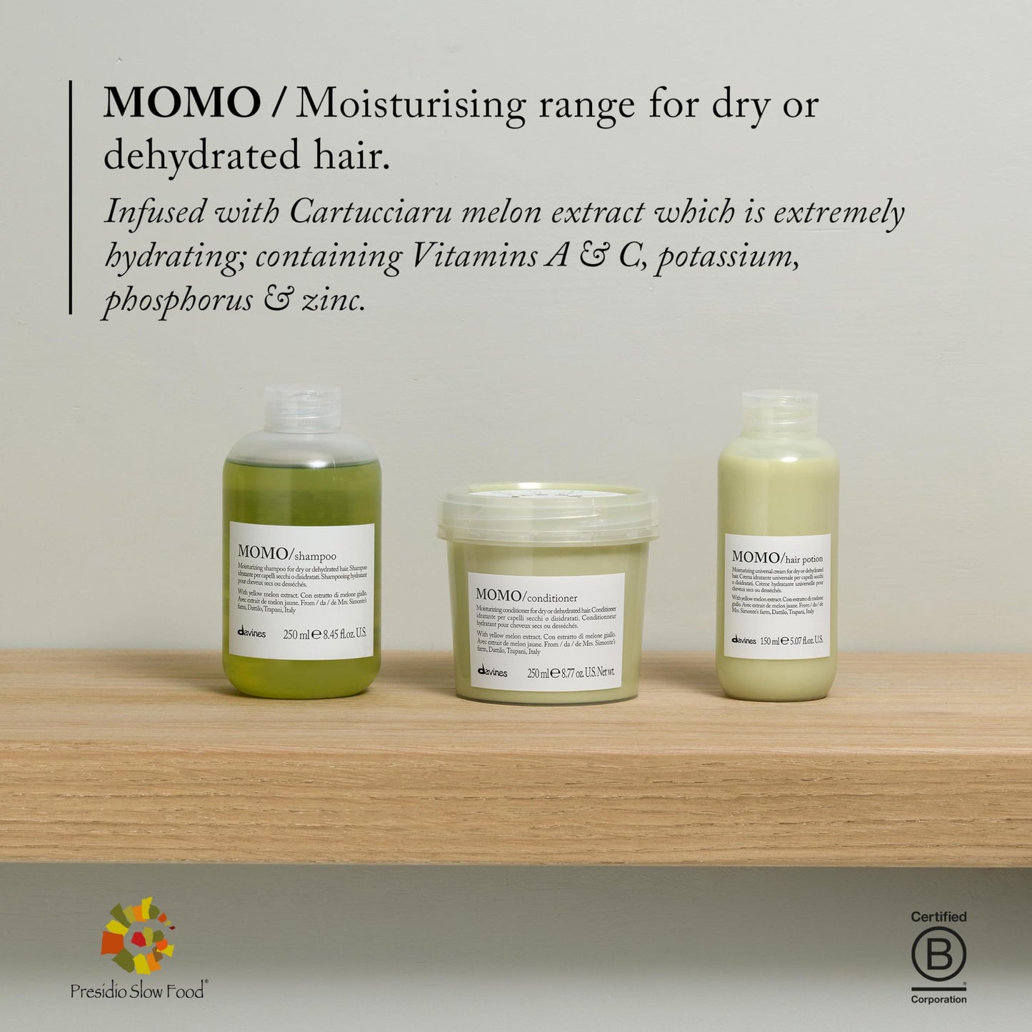 Gray Davines MOMO Conditioner, Moisturizing Untangling Formula for Dry and Dehydrated Hair - Promoting Lasting Hydration, Softness, and Shine for Silky Results with Melon Extract, 8.45 Fl Oz