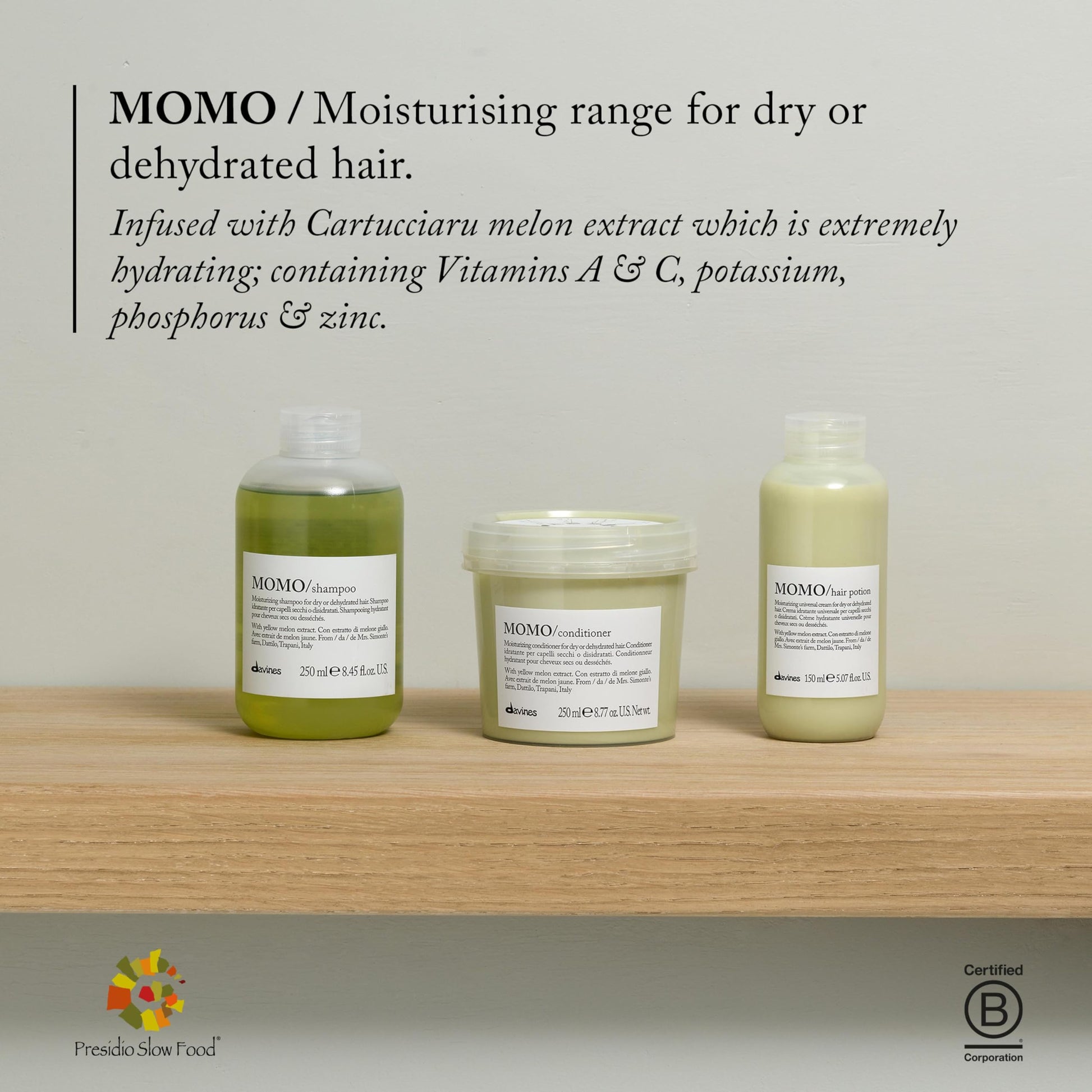 Gray Davines MOMO Conditioner, Moisturizing Untangling Formula for Dry and Dehydrated Hair - Promoting Lasting Hydration, Softness, and Shine for Silky Results with Melon Extract, 8.45 Fl Oz