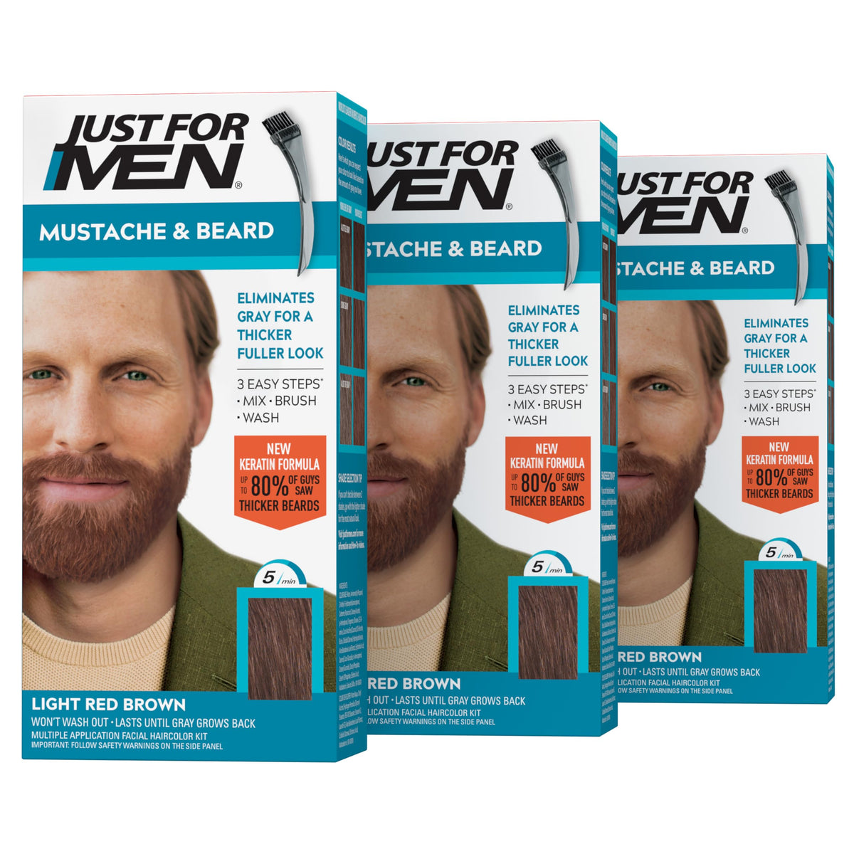 White Smoke JUST FOR MEN Mustache & Beard Dye, Keratin, Light Red Brown M-27 (3 Pack)