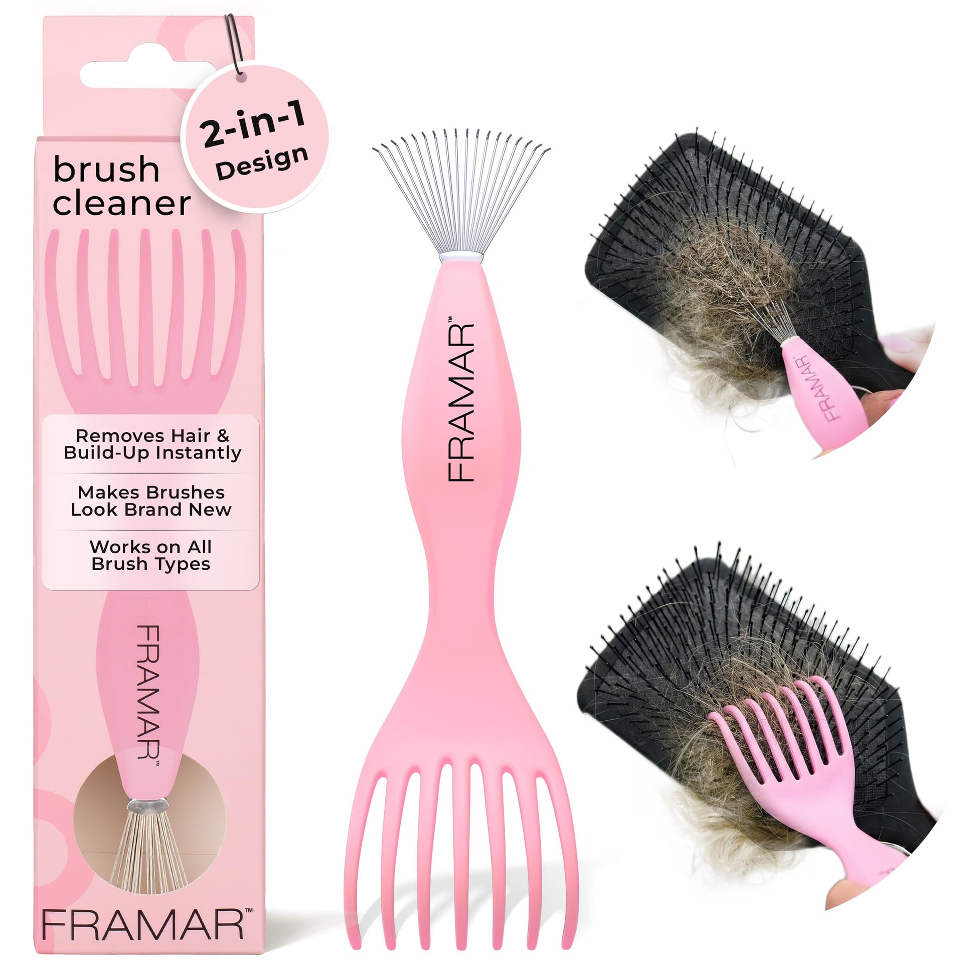White Smoke FRAMAR Premium Hair Brush Cleaner Tool – Hairbrush Cleaner Tool, Brush Cleaner Tool for All Types, Comb Cleaner – 2 in 1 Design Removes Hair & Build up Instantly – Pink