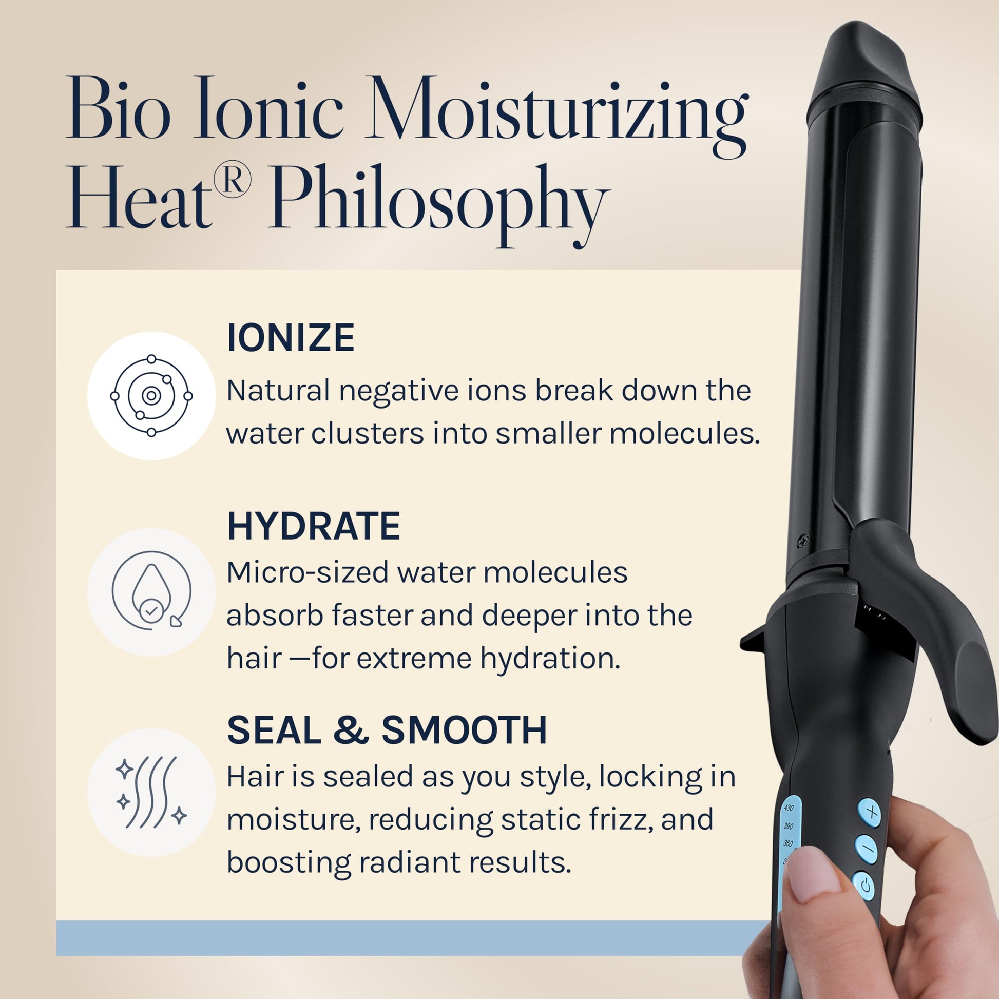 Antique White Bio Ionic Long Barrel Styler, 1.25 inch Extended Curling Iron with Moisture Heat Technology & NanoIonic MX, Versatile Curling Wand with Longer Barrel for Medium Sized Defined Curls