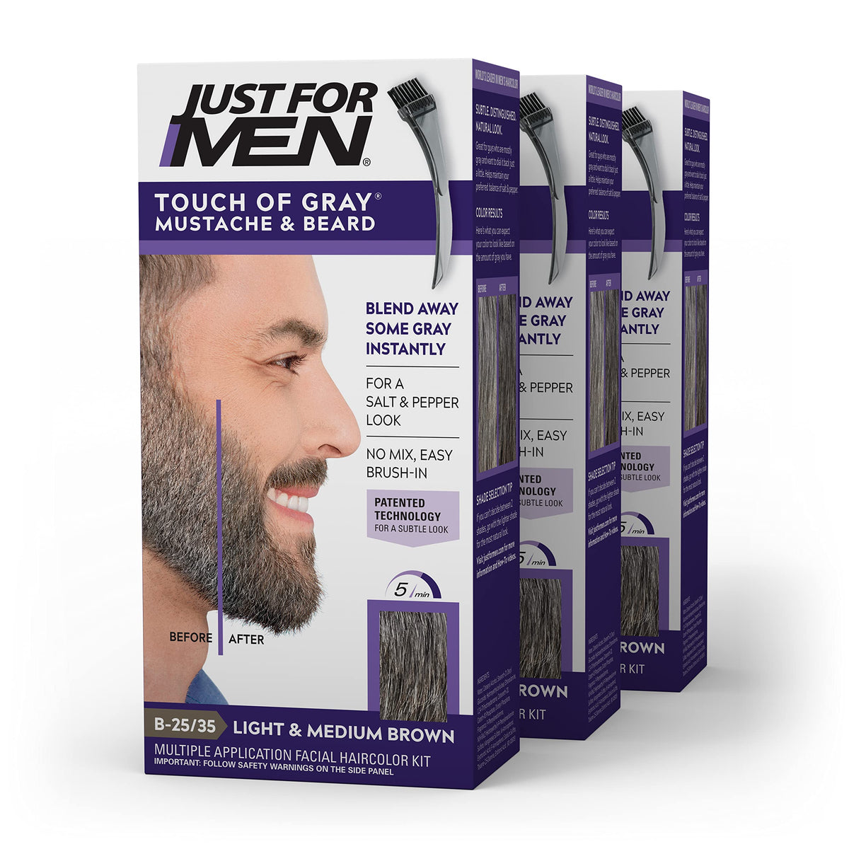 White Smoke Just For Men Touch of Gray Mustache & Beard, Beard Coloring for Gray Hair with Brush Included for Easy Application, Light & Medium Brown B-25/35, Pack of 3