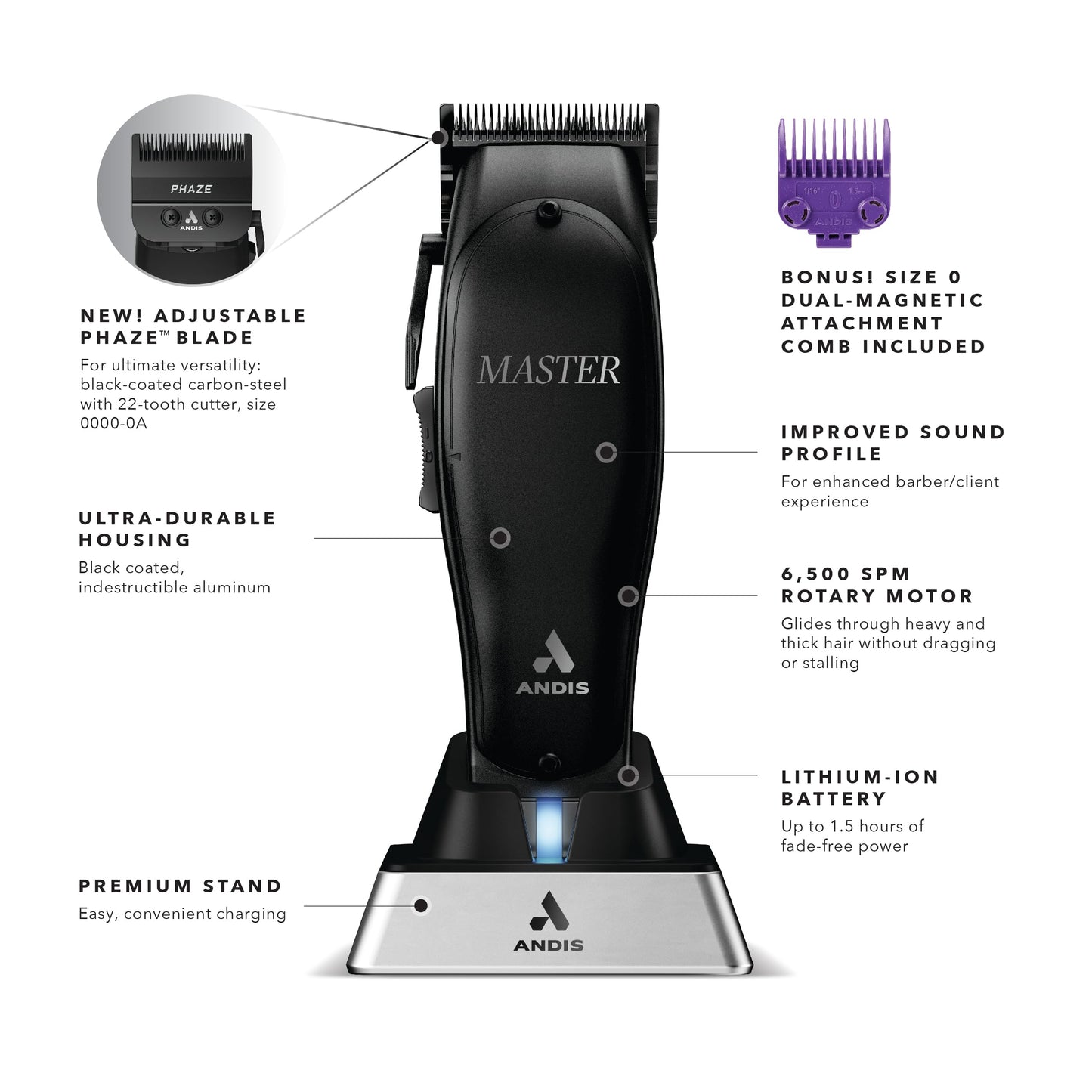 White Smoke Andis Black Label MLC Professional Master Cordless Lithium-Ion Hair Clipper, Adjustable Carbon Steel Blade for Close Cutting, Black