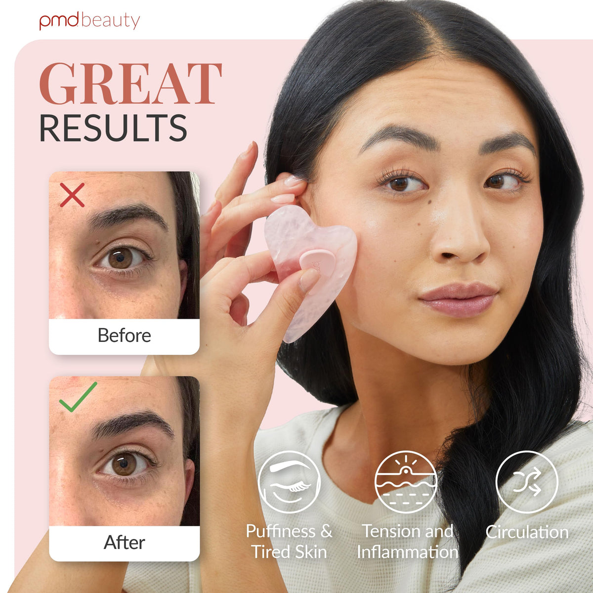 White Smoke PMD Beauty Gua Sha Facial Tools - Massaging, Sculpting and Depuffing Guasha Tool for Face with Rose Quartz and Silicone Grip - Reduce Tension & Inflammation