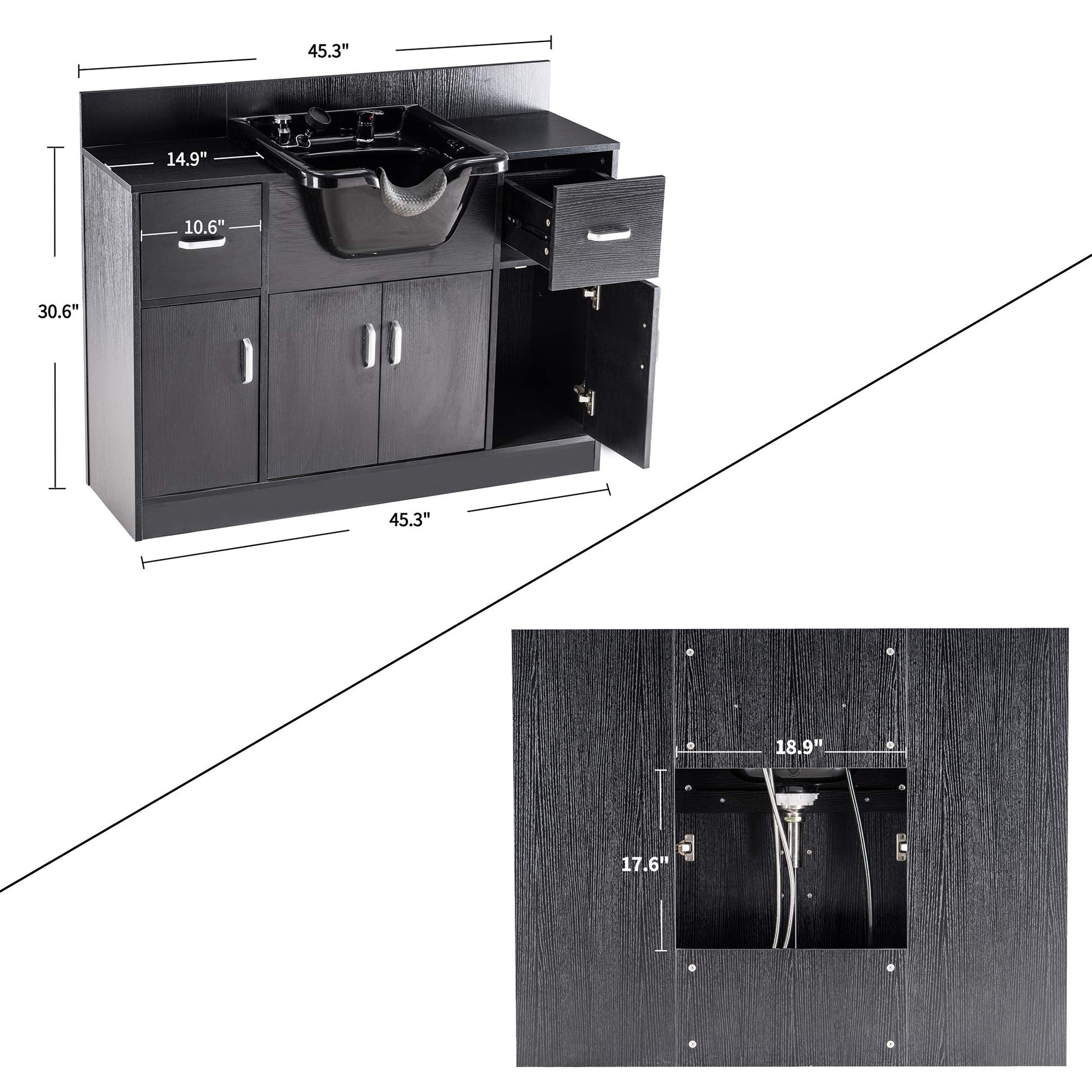 White Smoke BarberPub Multi-Functional Shampoo Backwash Sink Station with Shampoo Bowl for Hair Stylist, Salon Spa Beauty Cabinet with Faucet Sprayer, Barber Storage Equipment 45.3" x 14.1'' x 36.4" 7139