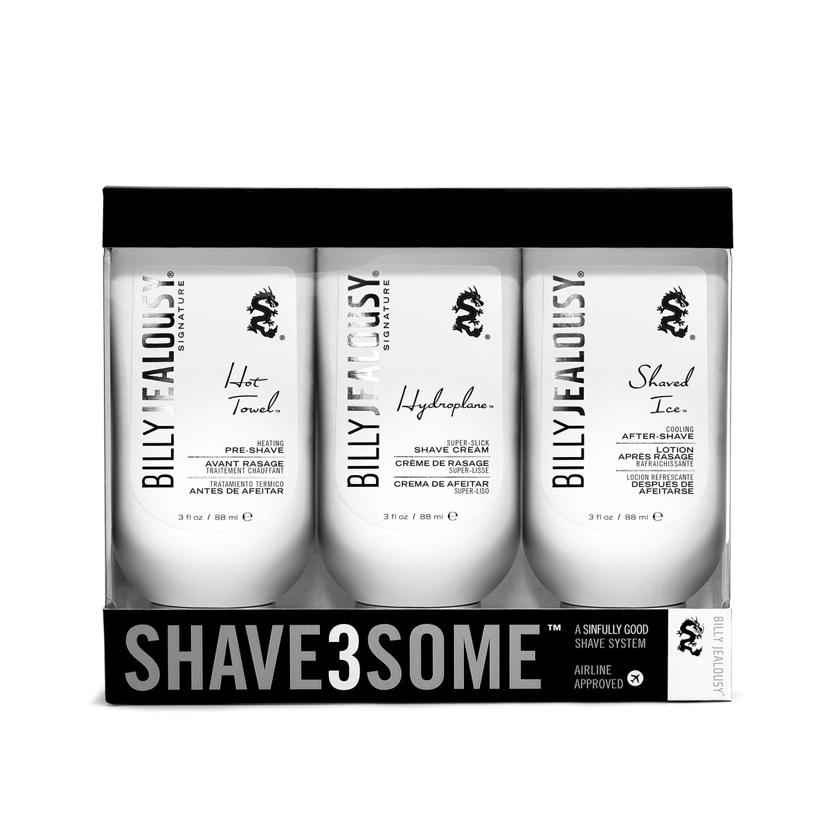 White Smoke Billy Jealousy Shave3some Travel-Size Trio Shaving Kit for Men with Heating Pre-Shave, Super Slick Shave Cream and Cooling After-Shave, Citrus Scent, 3 Fl Oz Each