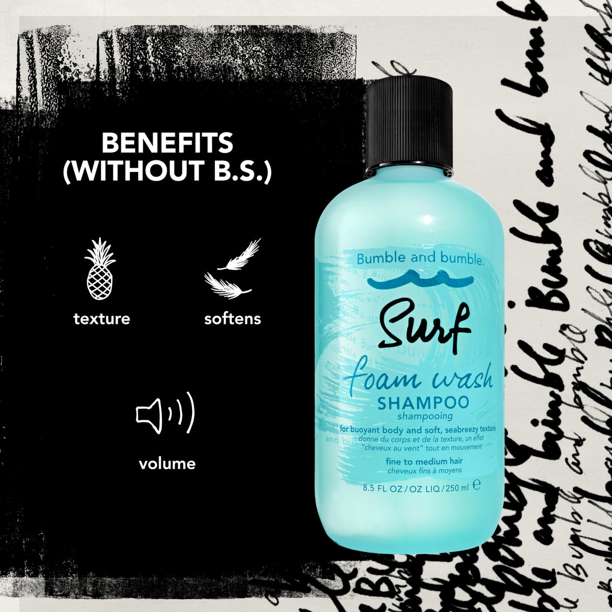 Black Bumble and bumble. Surf Foam Wash Texturizing Shampoo | Adds Lightweight Seabreezy Texture and Volume | For Fine to Medium Wavy, Straight, 8.5 Fl Oz