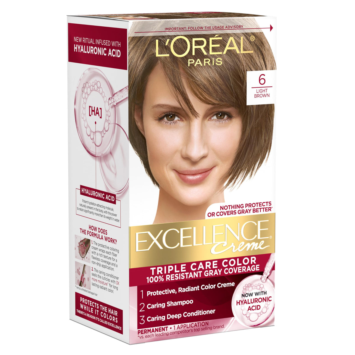 White Smoke L'Oreal Paris Excellence Crème Permanent Hair Dye, Triple Care Hair Color with Hyaluronic Acid for 100% Gray Coverage, 6 Light Brown, 1 Kit (Packaging May Vary)