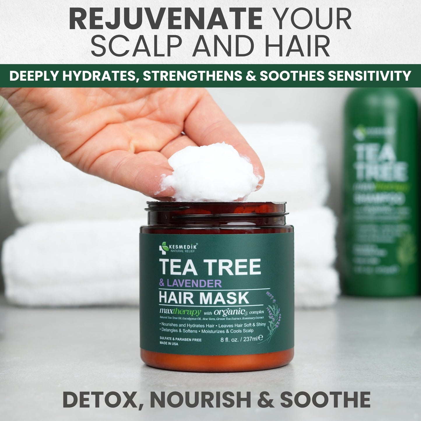 Gray KESMEDIK Tea Tree Hair Mask with Rosemary & Lavender, Deep Conditioning Treatment for Dry, Damaged, Coarse Hair, Hydrating Hair Mask with Itchy Scalp Relief, Men & Women, Sulfate-Free