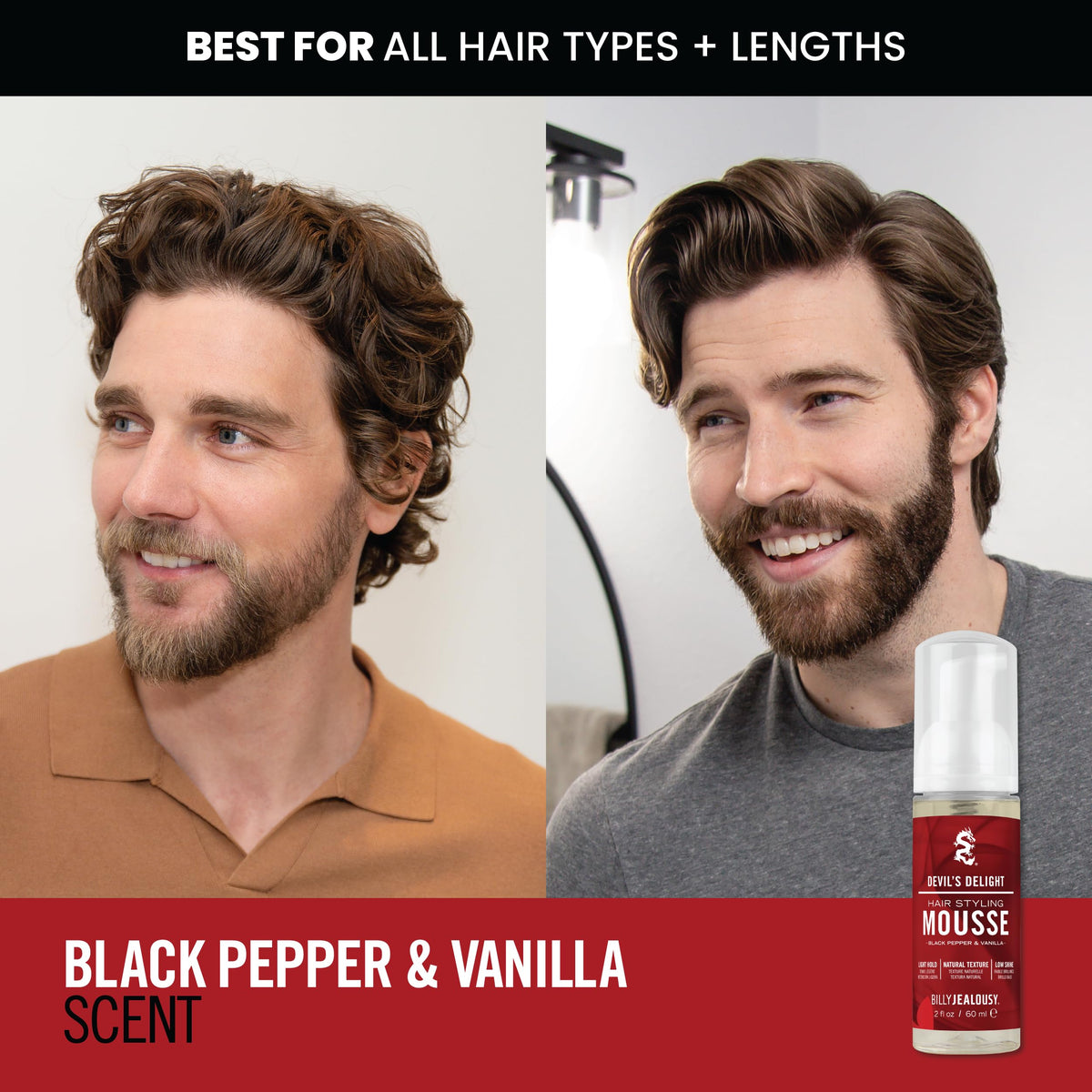 Firebrick Billy Jealousy Devil’s Delight Hair Styling Mousse for Men – Light Hold for Volume & Lift, Frizz Control – Hydrates with Sea Moss & Kelp – Travel Size, Silicone-Free, Vegan, Black Pepper Vanilla Scent