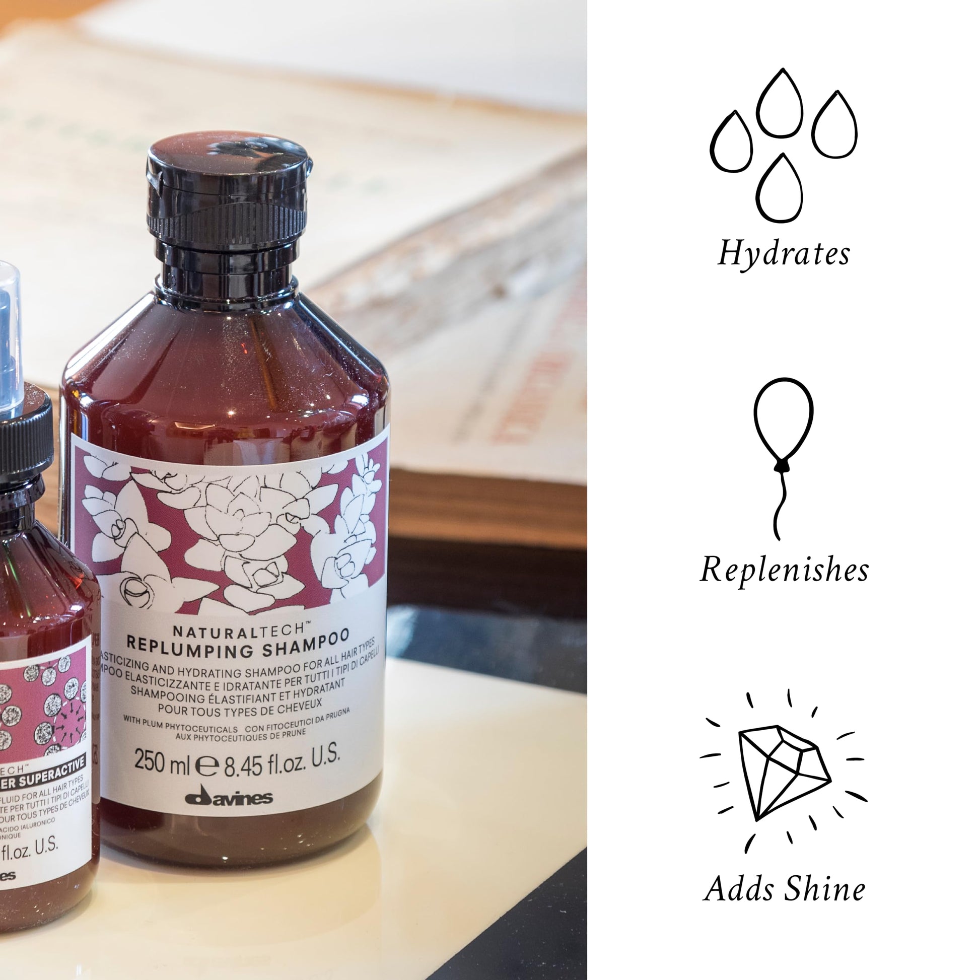 White Smoke Davines Naturaltech Replumping Shampoo, Moisturizing for Fine Hair Lacking Elasticity - With Plum Phytoceuticals - Gentle Cleanser Adds Elasticity, 8.45 Fl Oz