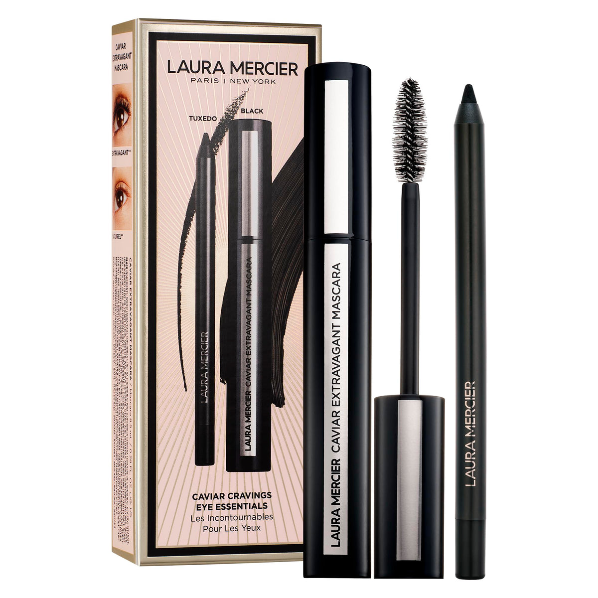 White Smoke Laura Mercier Caviar Cravings Eye Essentials, Caviar Tightline Eyeliner and Extravagant Mascara: Long Lasting Color, 3X Curl and Lift, Smudge- & Transfer-Proof, Holiday Gift Set