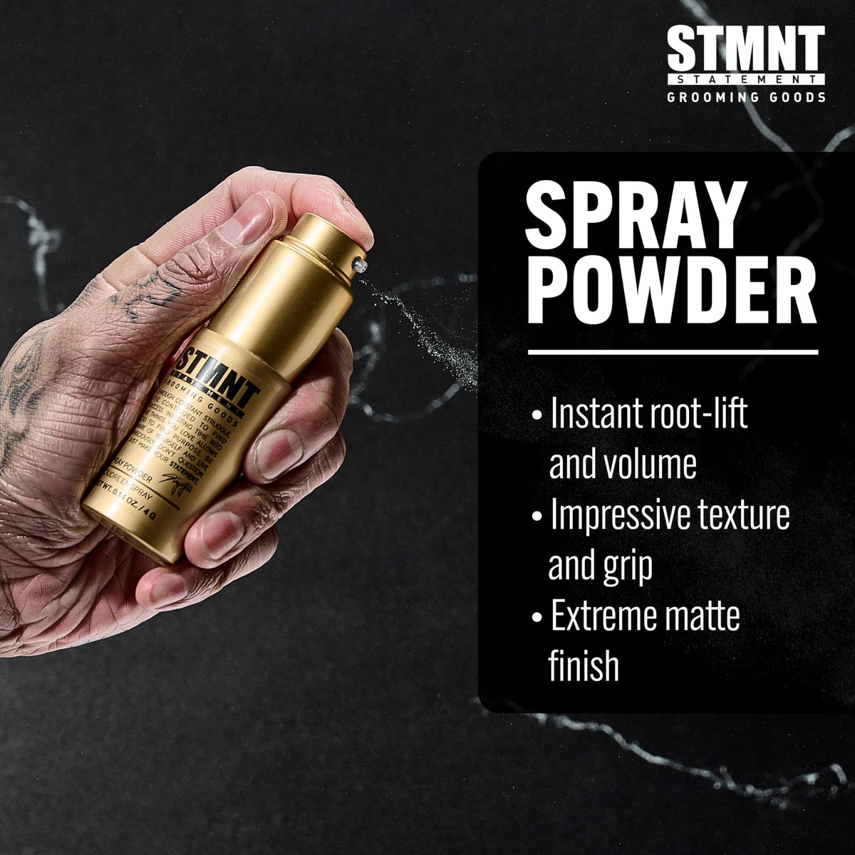 Black STMNT Grooming Goods Spray Powder, 0.14 oz | Extra Matte Finish | Added Texture and Grip | Super Lightweight Formula | Fuller Feeling Hair