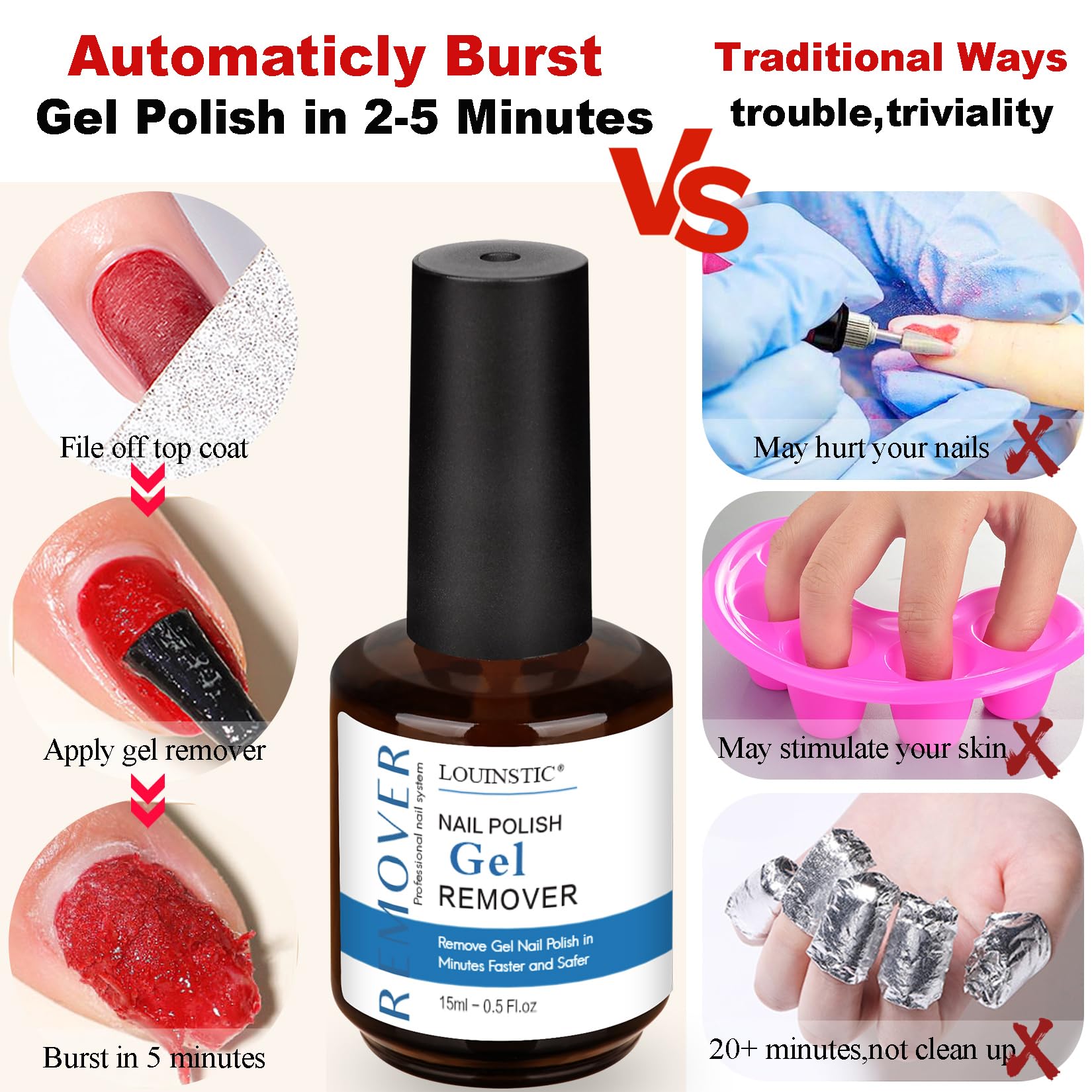 White Smoke Gel Nail Polish Remover, Gel Remover Kit with Liquid Latex for Nails, No Need to Wrap or Soak, Removes Nail Polish in 2-5 Minutes, Acetone Free, Not Damage to Nails, with Manicure Tools