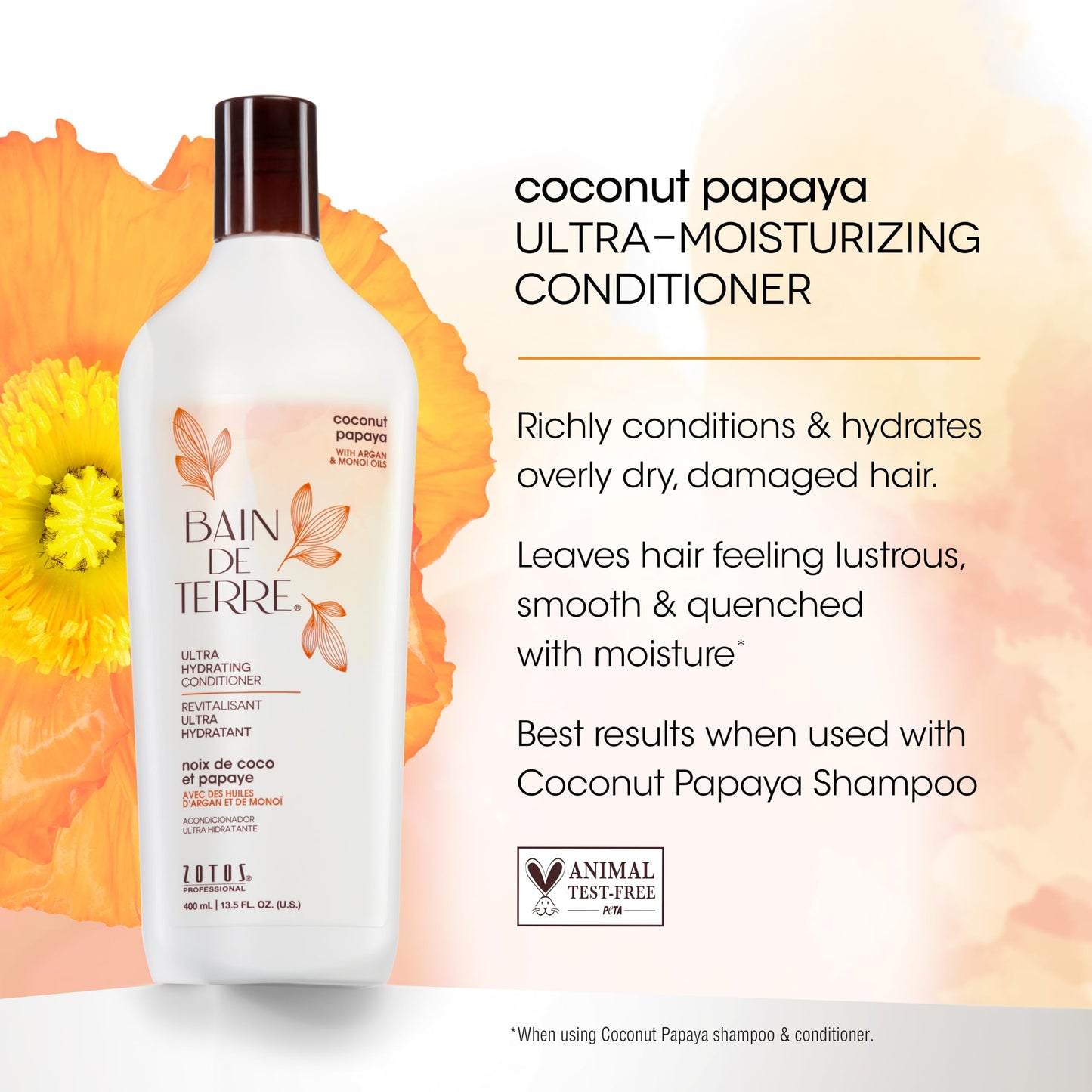 White Smoke Bain de Terre Coconut Papaya Ultra Hydrating Conditioner, Moisture Quench for Dry, Damaged Hair, with Argan & Monoi Oils, Paraben-Free, Color-Safe, Vegan, 13.5 Fl Oz