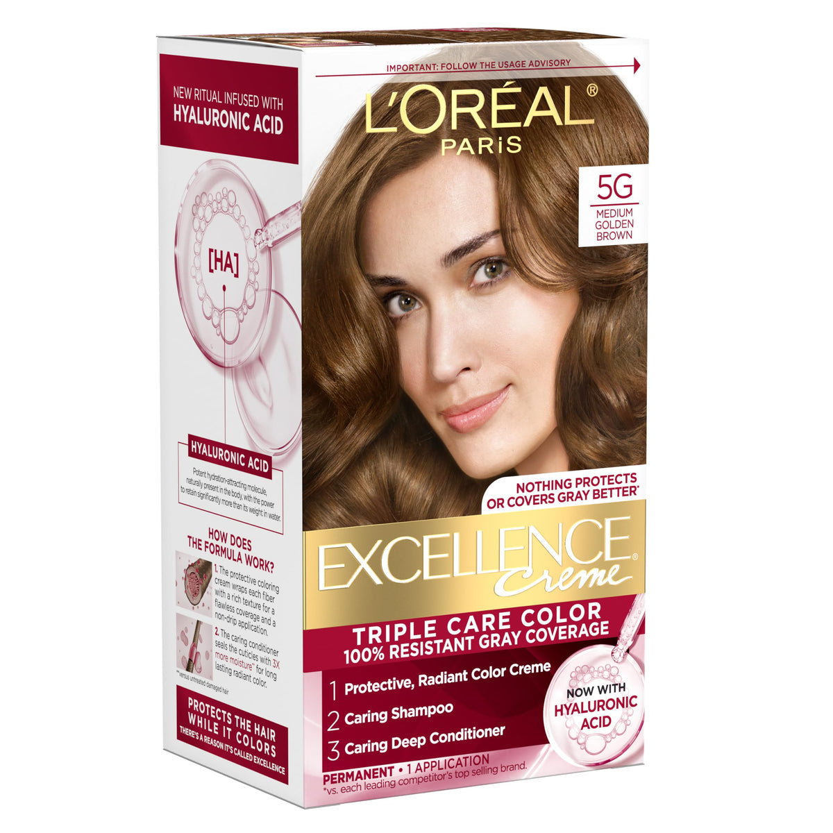 White Smoke L'Oreal Paris Excellence Crème Permanent Hair Dye, Triple Care Hair Color with Hyaluronic Acid for 100% Gray Coverage, 5G Medium Golden Brown, 1 Kit (Packaging May Vary)