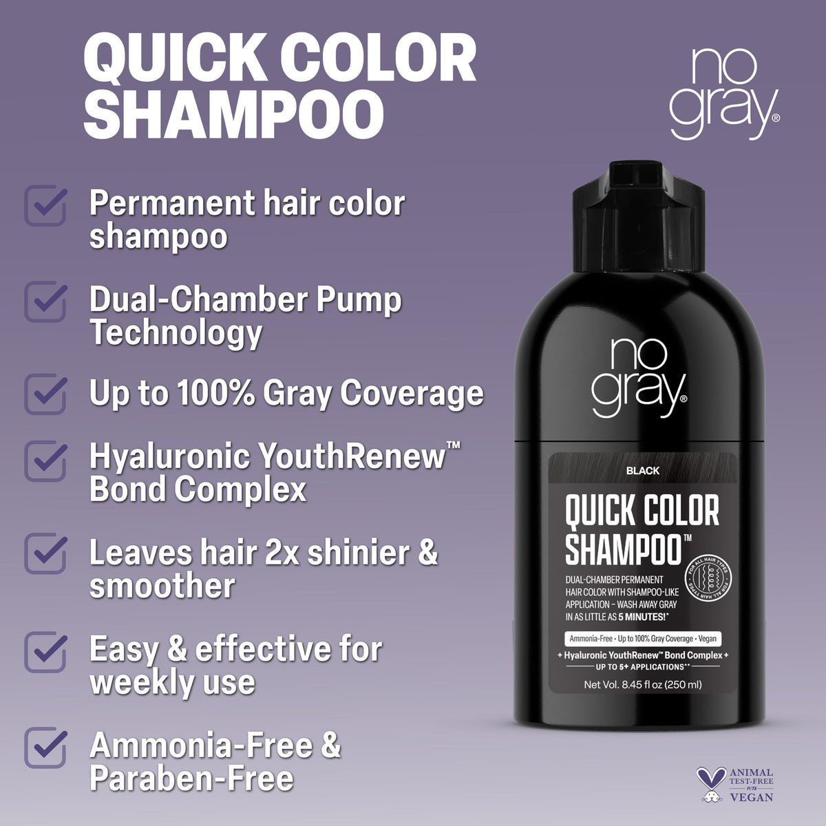 Slate Gray No Gray Quick Permanent Hair Color Shampoo, Black, 8.45 oz