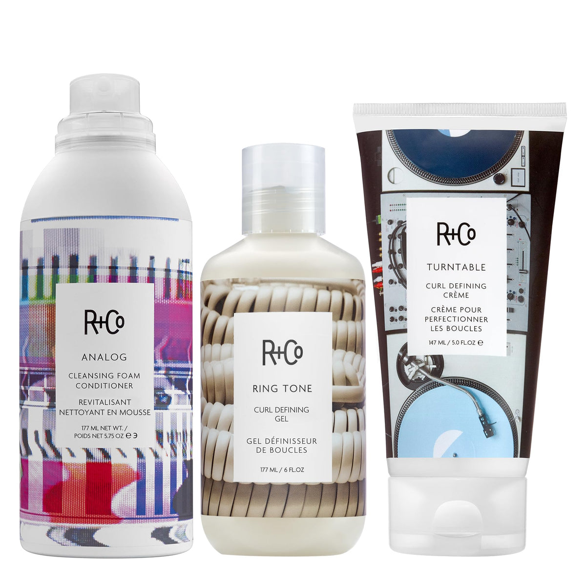 White Smoke R+Co ANALOG Foam Conditioner, RING TONE Gel Crème, TURNTABLE Curl Crème