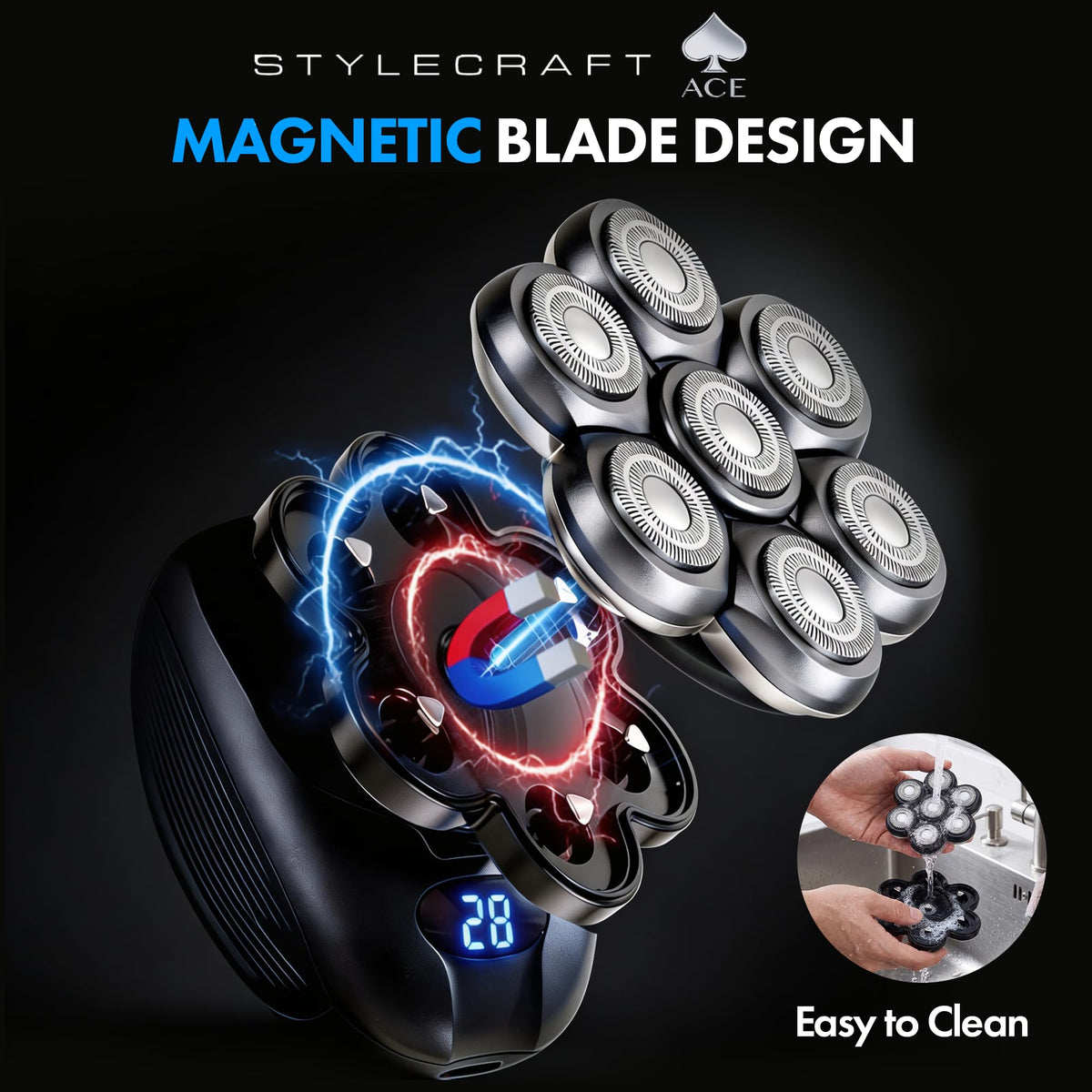 Black StyleCraft Ace 7X Foil Bald Head Shaver for Men, Up to 8500 RPM Motor