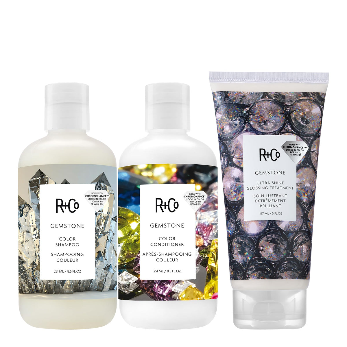 White Smoke R+Co GEMSTONE Color + Repair Shampoo/Conditioner Tandem Packette