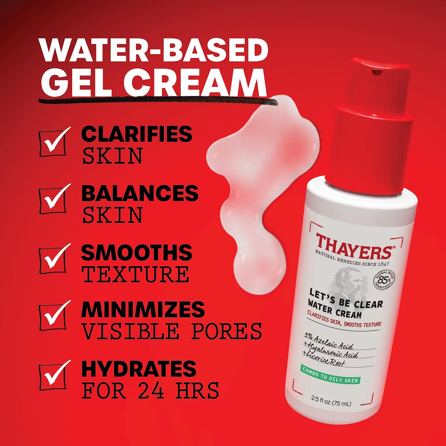 Red THAYERS Let's Be Clear Water Face Cream, Moisturizer with Azelaic Acid and Hyaluronic Acid, Skin Care for Combination to Oily Skin, 2.5 Oz