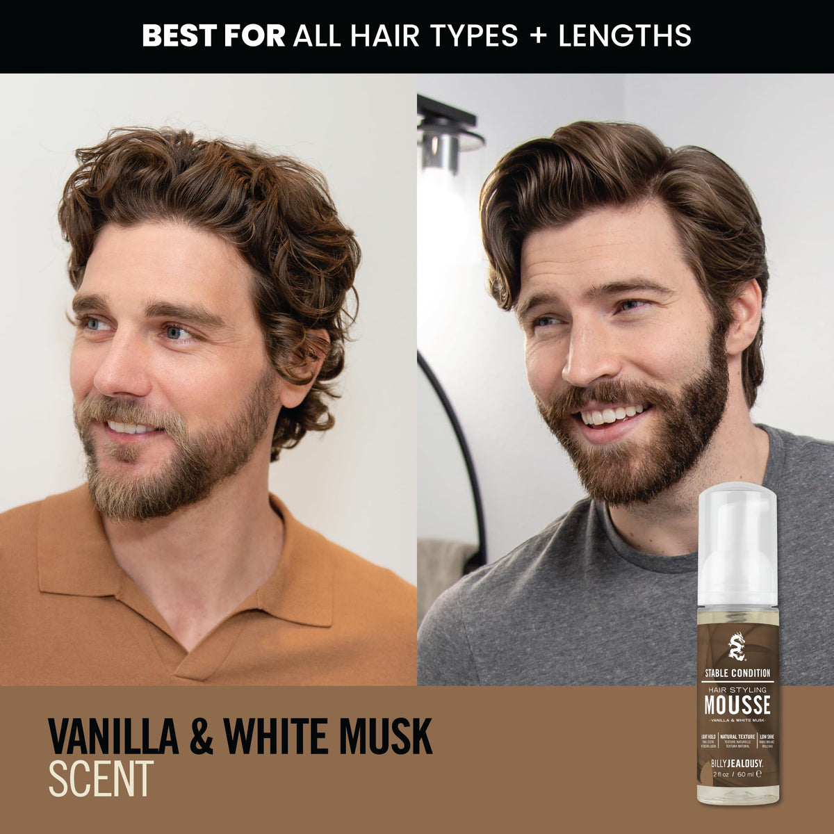 Sienna Billy Jealousy Stable Condition Hair Styling Mousse for Men – Light Hold for Body & Lift, Frizz Control – Hydrates with Sea Moss & Kelp, Travel Size, Silicone & Residue-Free, Vegan, Vanilla White Musk