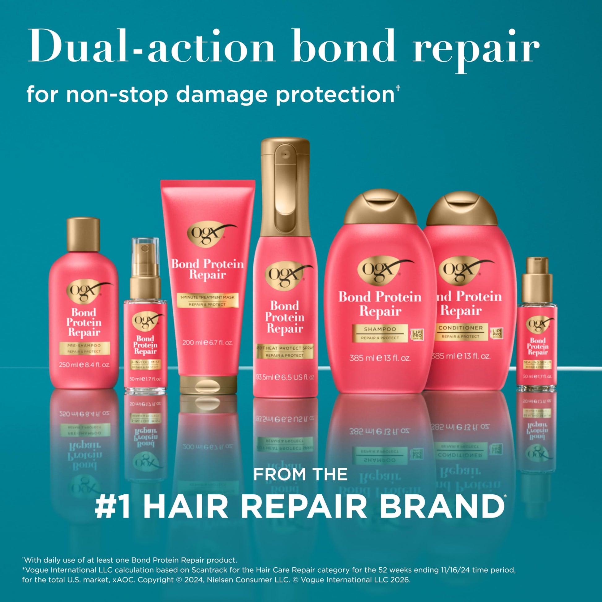 Dark Cyan OGX Repair & Protect Bond Protein Repair Conditioner, Lightweight Conditioner Targets Damaged Areas of Hair, Formulated without Parabens, Sulfate-Free Surfactants, 13 fl. oz