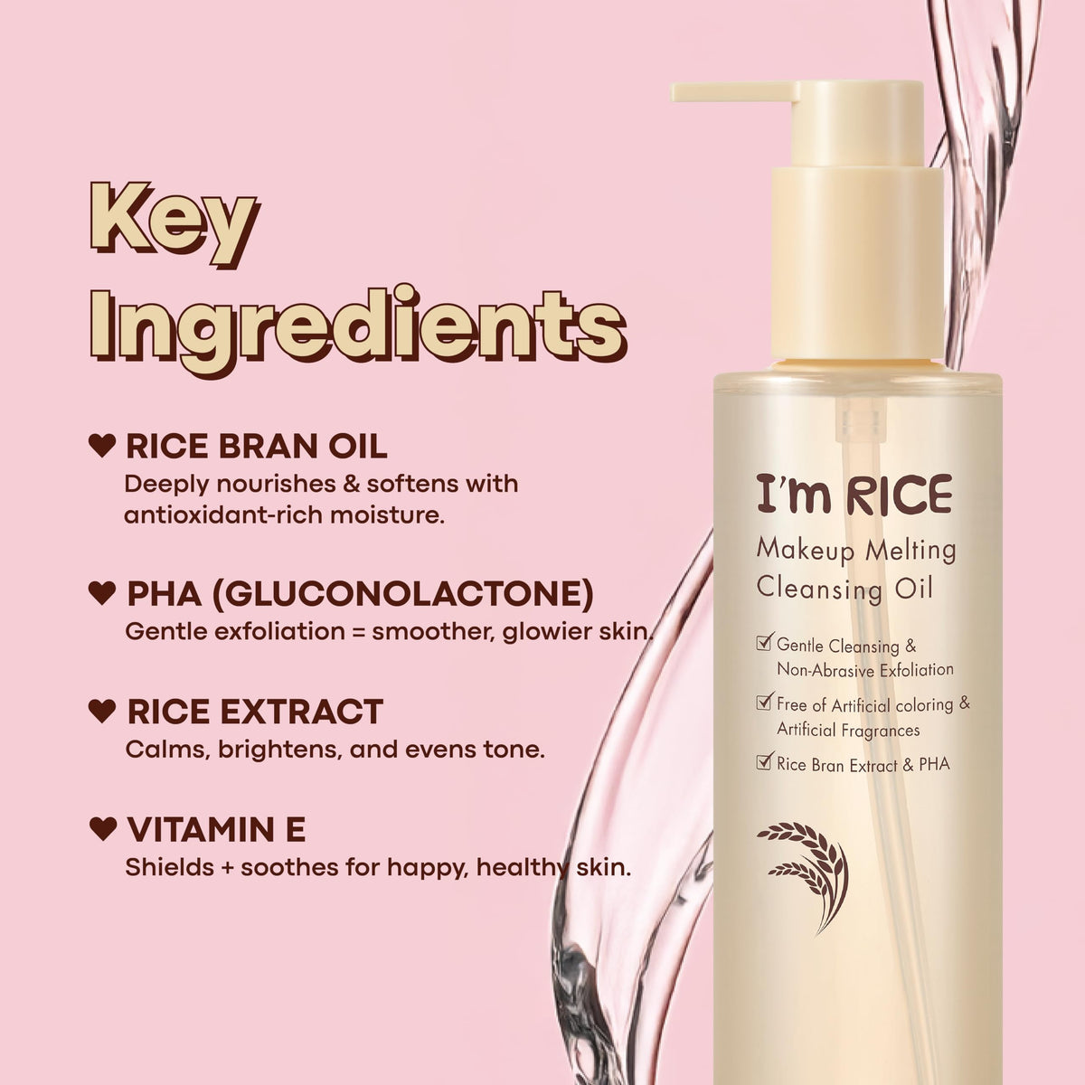 Pink TONYMOLY I'm Rice Oil Cleanser - Korean PHA Makeup Remover, Non-Comedogenic