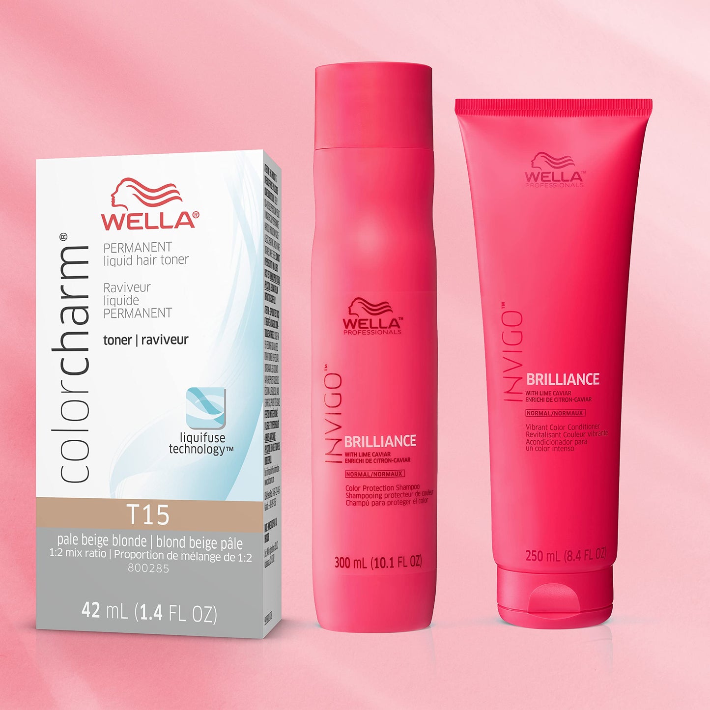 Light Pink WELLA Color Charm Invigo Brilliance Color Protection Shampoo & Conditioner, For Fine Hair + Hair Toner, Neutralize Brass, T15 Pale Beige Blonde