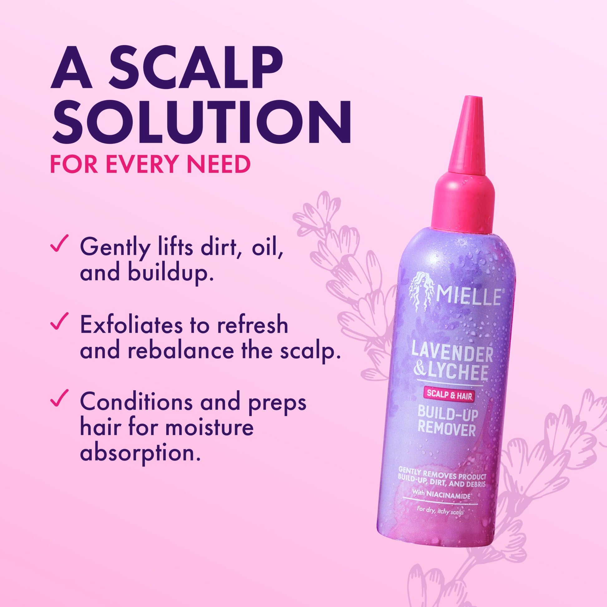 Misty Rose Mielle Organics Lavender & Lychee Scalp & Hair Build-Up Remover, Clarifying Pre-Shampoo Treatment for Product Build Up, Dirt & Oil, With Niacinamide, Castor Oil & Lavender Extract, 4 fl oz