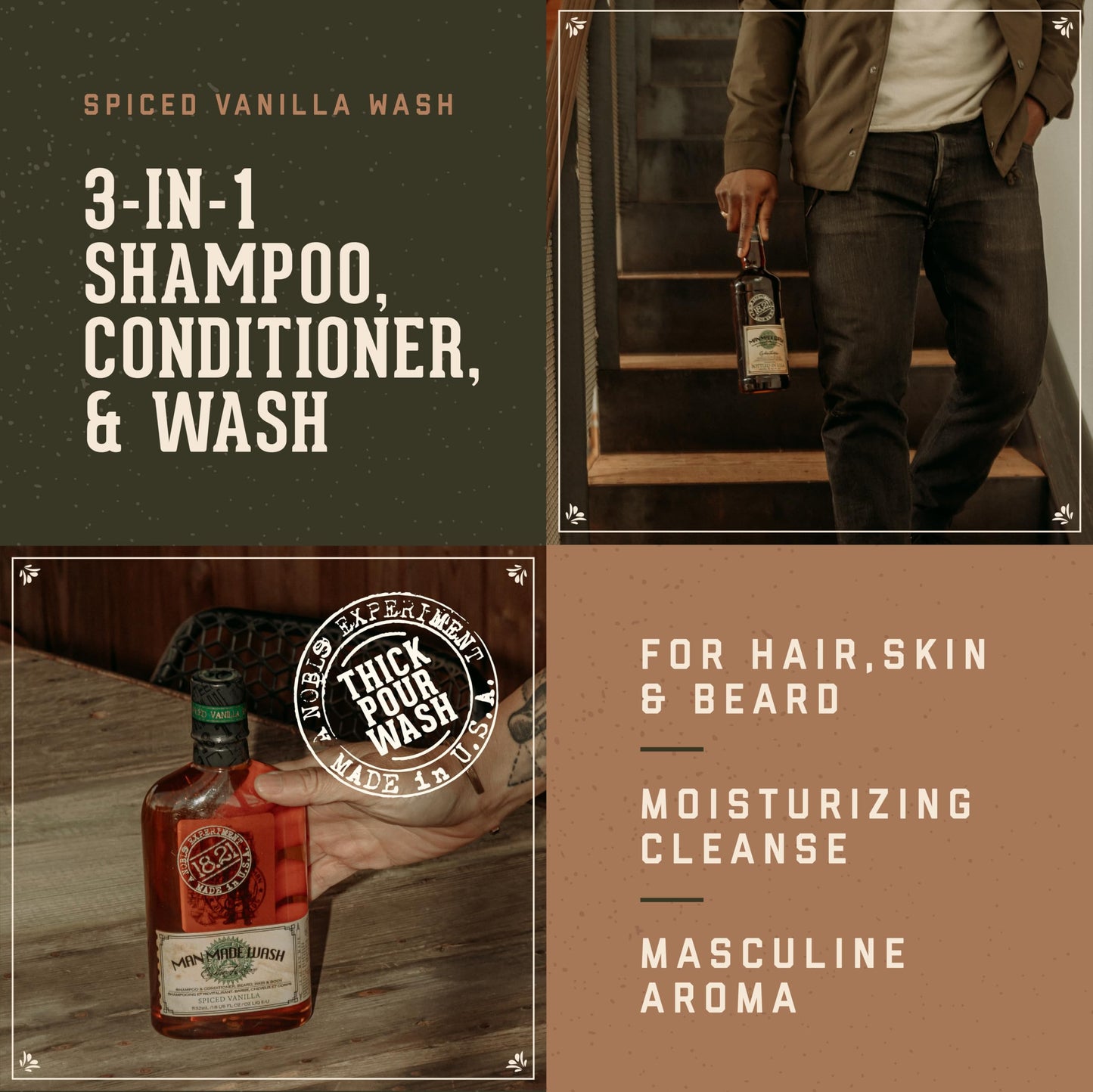 Sienna 18.21 Man Made Original Spiced Vanilla 3-in-1 Body Wash, Shampoo, & Conditioner for Men, All Hair & Skin Types, Strengthens and Moisturizes in a Manly Aroma, 32oz