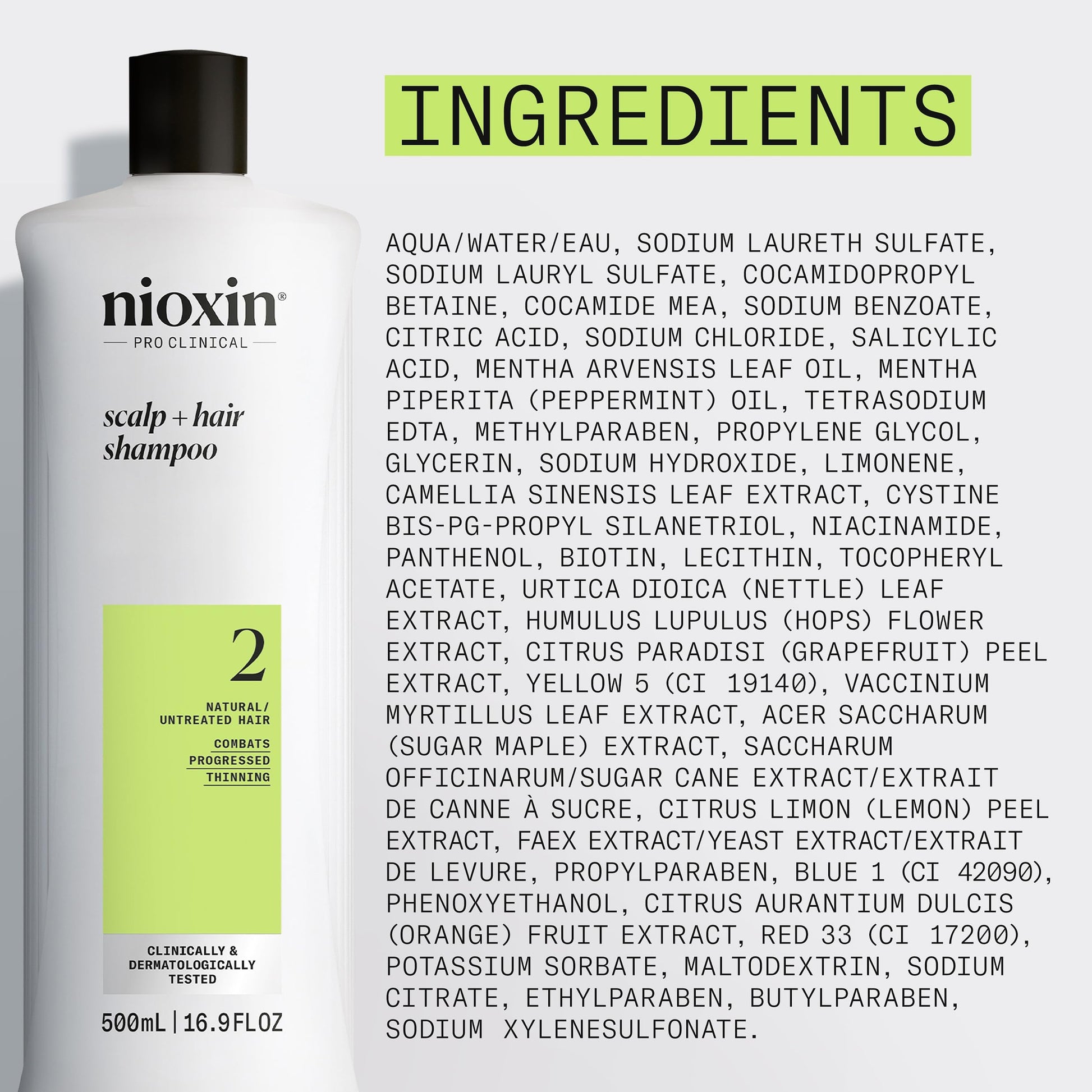Gray Nioxin Scalp + Hair Thickening System 2 Shampoo | For Natural or Untreated Hair with Progressed Thinning | With Niacinamide and Biotin | 16.9 Fl oz.