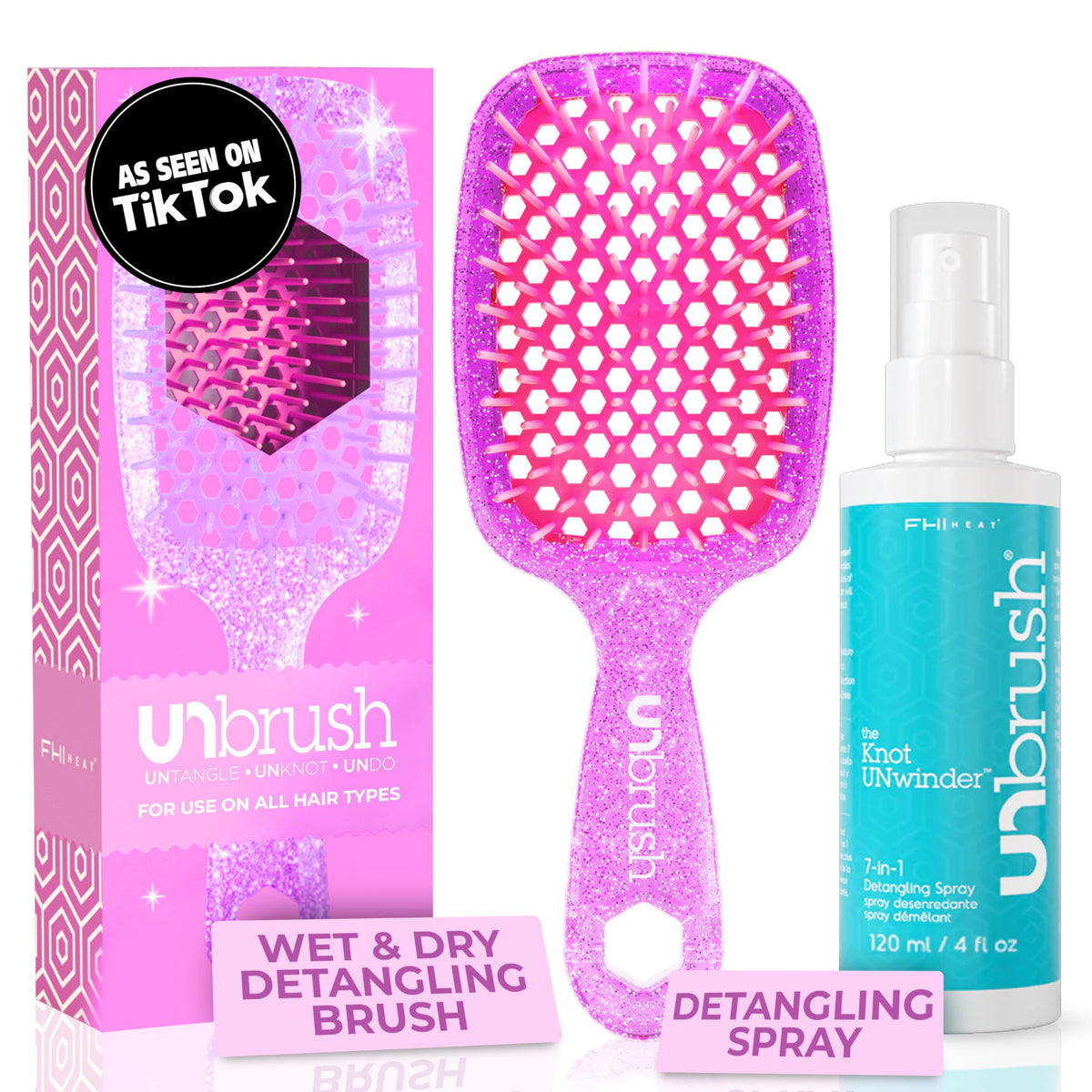 White Smoke FHI Heat UNbrush Detangling Brush + UNwinder Detangling Spray Combo Pack