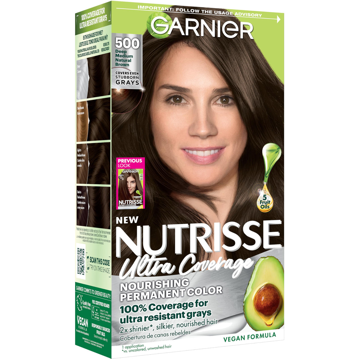 Black Garnier Nutrisse Ultra Coverage Hair Color, Permanent Hair Dye for Up to 8 Weeks of Stubborn Gray Coverage, Vegan & Cruelty-Free, 500 Deep Medium Natural Brown (Glazed Walnut), 1 Count