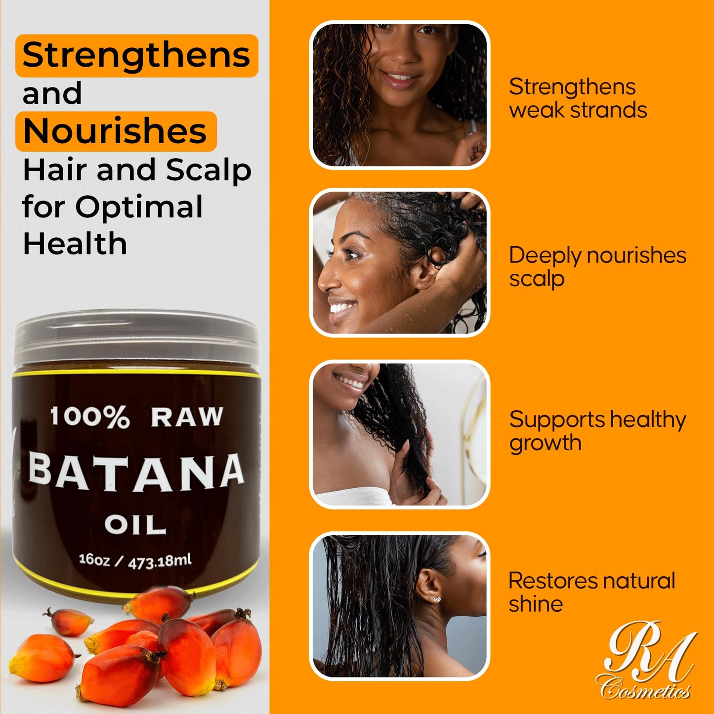 Dark Orange RA COSMETICS 100% Natural Unrefined Batana Hair Oil for Healthy Hair, 16 oz | Dr Sebi Batana Oil Hair Moisturizer for Damaged Hair Repair| Strengthening and Nourishing Hair Conditioner