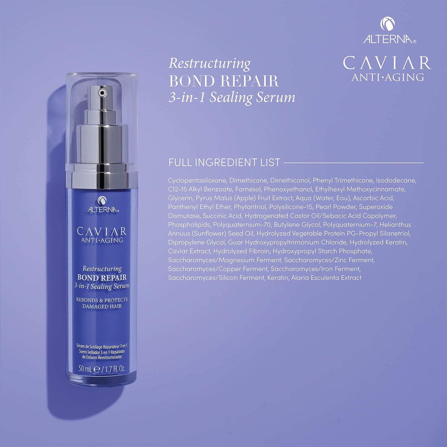 Medium Purple Alterna Haircare CAVIAR Anti-Aging Restructuring Bond Repair 3-in-1 Sealing Serum, Rebonds and Protects Damaged Hair,1.7 Fl Oz
