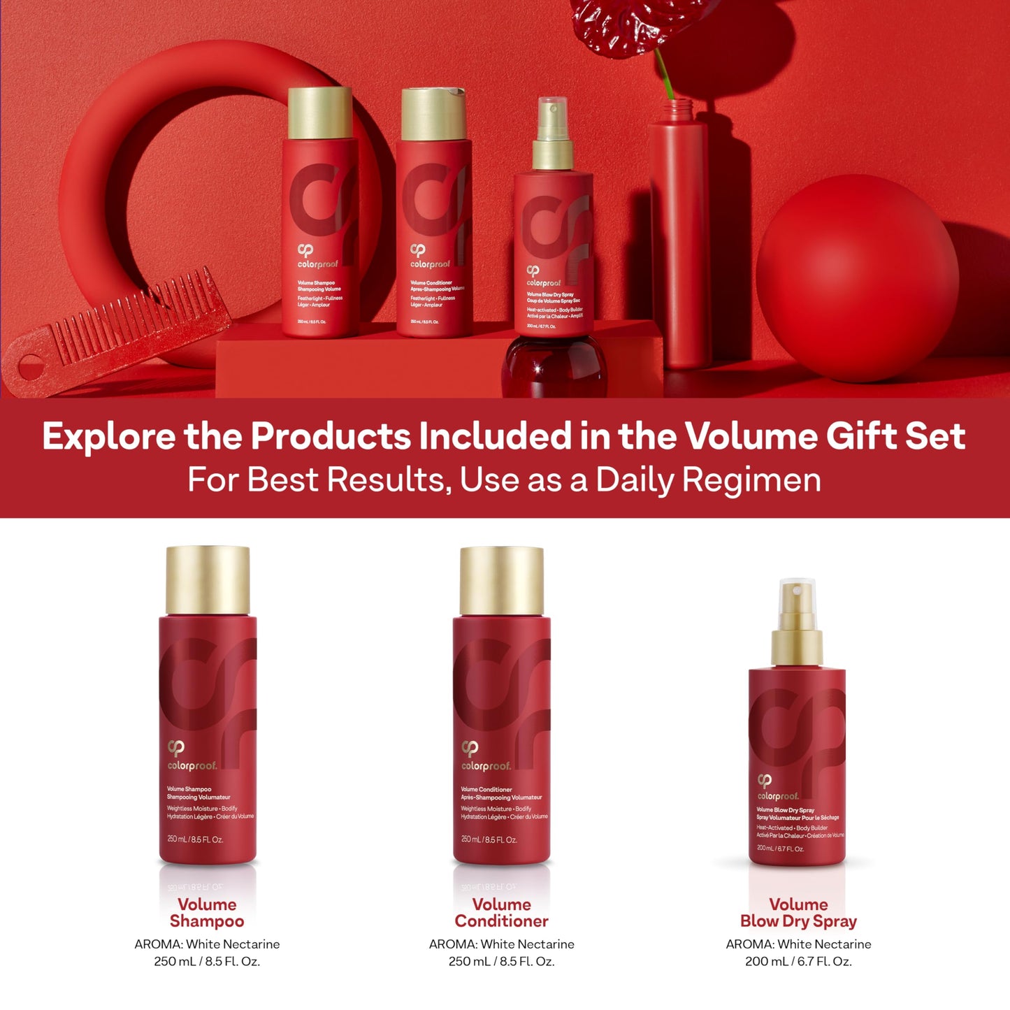White Smoke Colorproof Volume Holiday Gift Set — Volume Shampoo (8.5 Fl. Oz.), Volume Conditioner (8.5 Fl. Oz.), and Volume Blow Dry Spray Primer (6 Fl. Oz.) — White Nectarine Scent