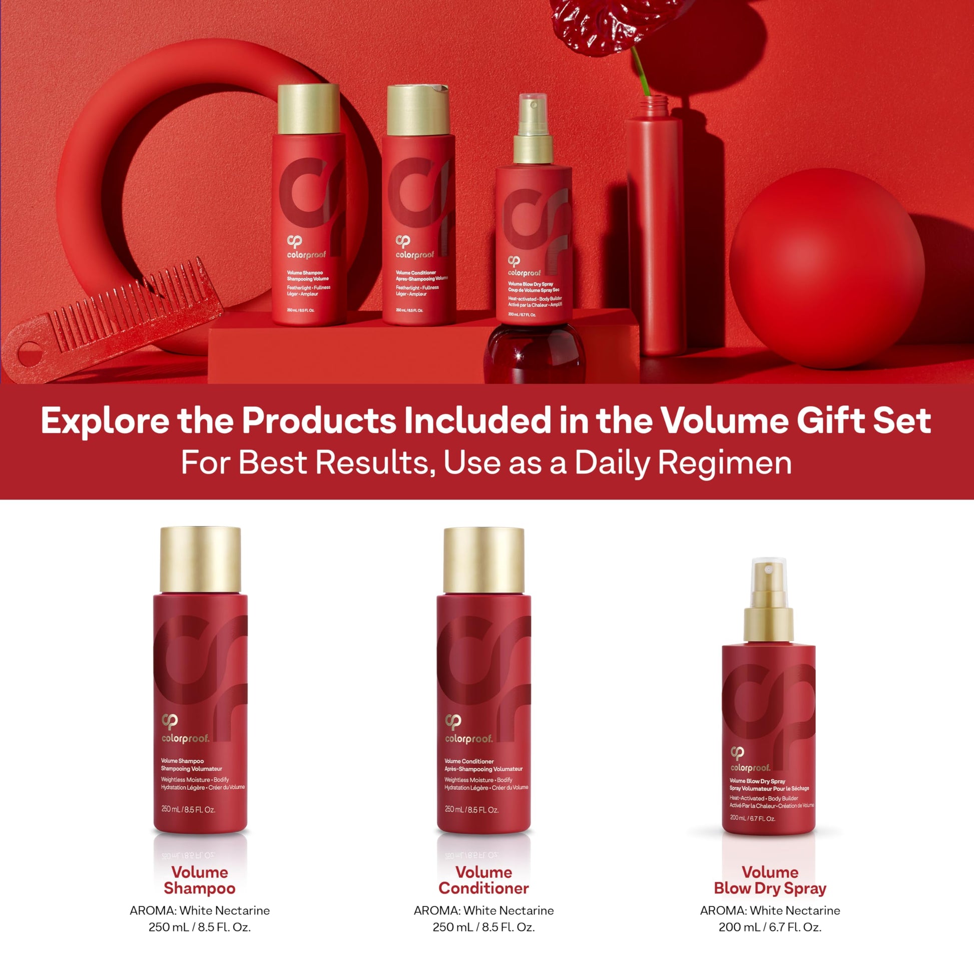 White Smoke Colorproof Volume Holiday Gift Set — Volume Shampoo (8.5 Fl. Oz.), Volume Conditioner (8.5 Fl. Oz.), and Volume Blow Dry Spray Primer (6 Fl. Oz.) — White Nectarine Scent