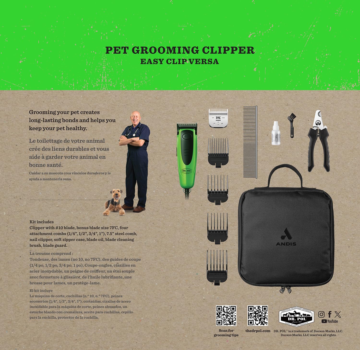 Rosy Brown Andis Dr. Pol Easy Clip Versa Clipper Kit - Complete Grooming Solution with Detachable Blades, Attachment Combs, Nail Clipper & More for Safe, Efficient Grooming of All Dog Types, Green, 561121
