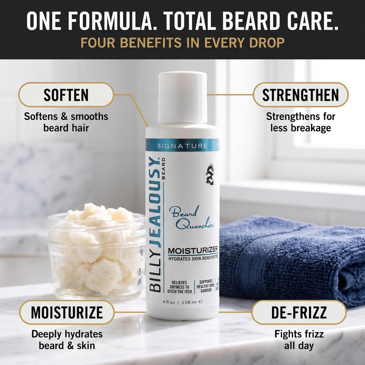 Light Gray Billy Jealousy Beard Quencher, Nourishing and Strengthening Moisturizer for Mane and Skin with Shea Butter, Amino Acids and Black Oat Seed, Fights Frizz, Relieves Itch and Flakes, 4 Fl Oz