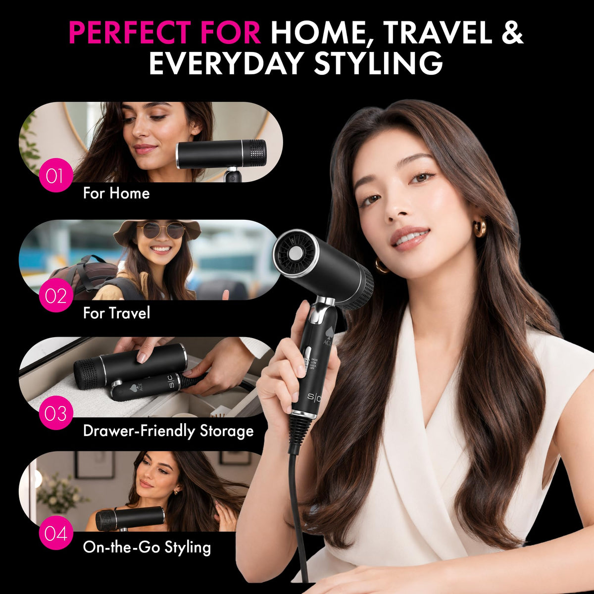 Black StyleCraft Ace Foldable Hair Dryer with 1600W Motor, Travel-Friendly Design