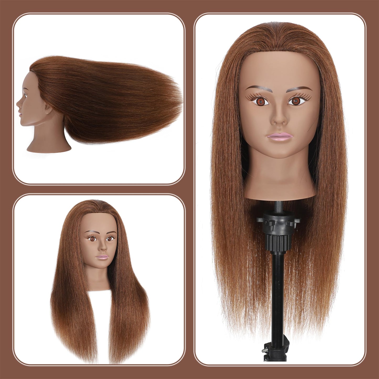 White Smoke TKIMHEQ Mannequin Head with 100% Real Hair Straight Hair 18" Doll Head Brown Skin Practice Braiding Training Head Styling Cosmetology Manikin for Hairdresser (Brown#)
