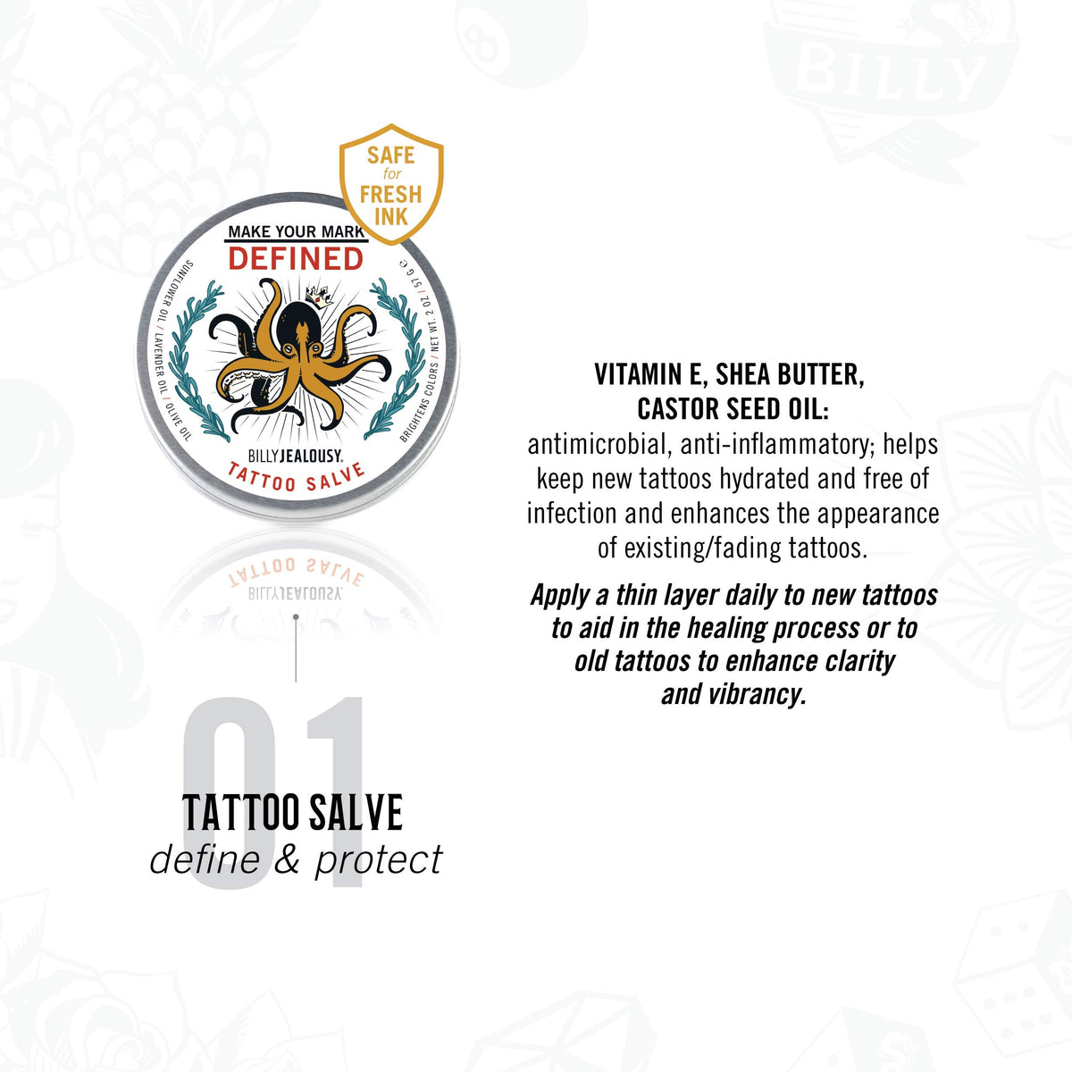 White Smoke Billy Jealousy Make Your Mark Defined Tattoo Salve, Tattoo Aftercare with Vitamin E and Soybean & Lavender Oils, Protects, Deeply Nourishes, and Enhances Vibrancy, 2 oz